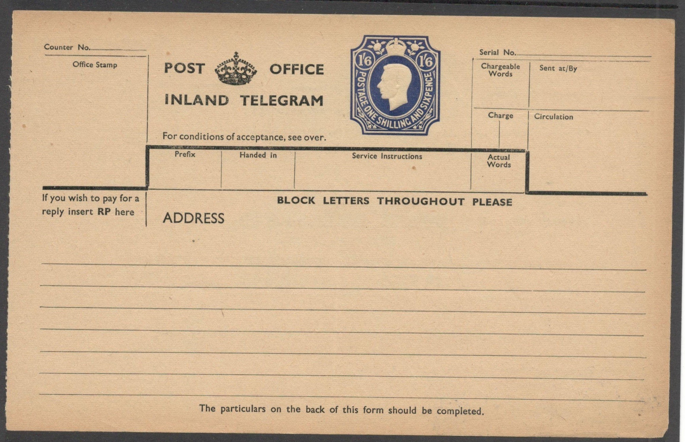 POST OFFICE INLAND TELEGRAM 1951 KGVI TELEGRAPH FORM 1 SHILLING 6 PENCE