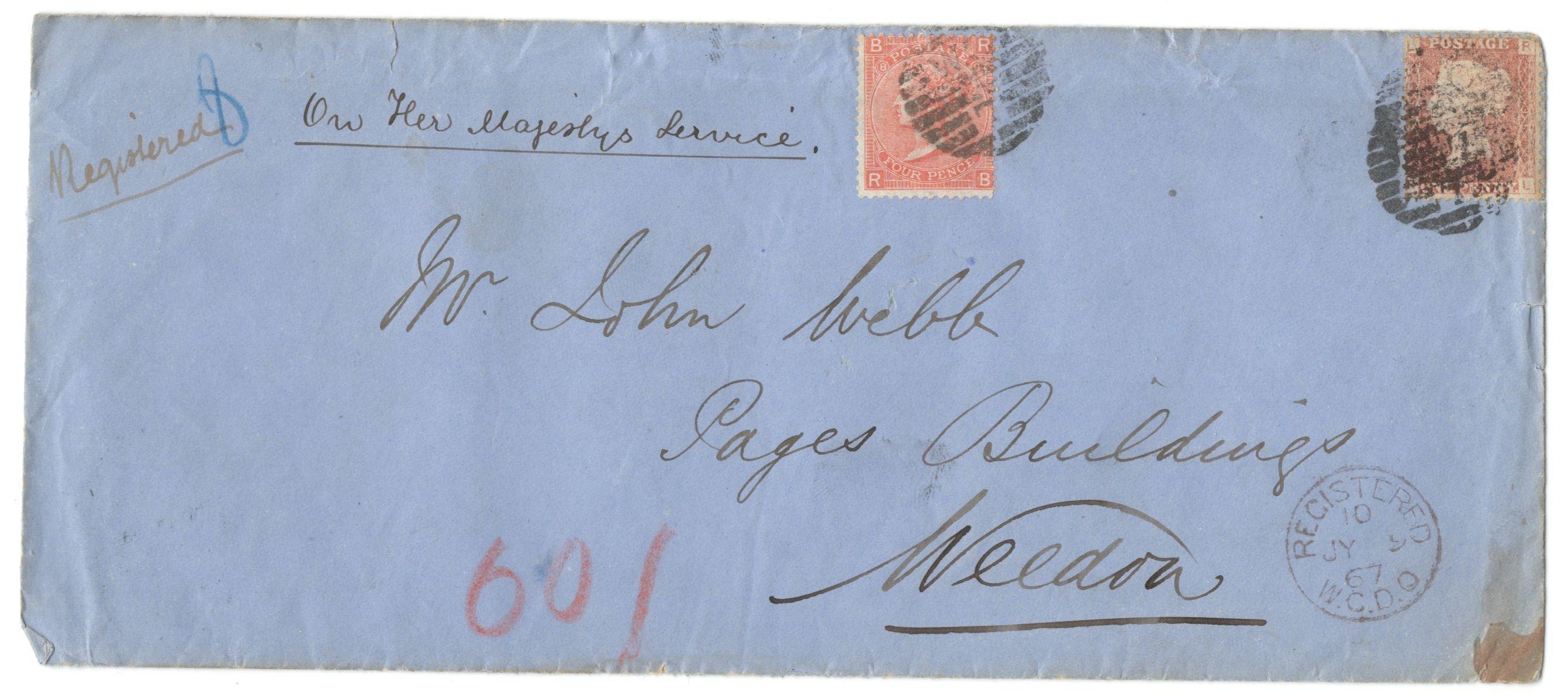 COVER FROM 1867 TO LAND REGISTRY WITH 4 PENCE AND ACCOMPANYING LETTER WITH FISCAL STAMP