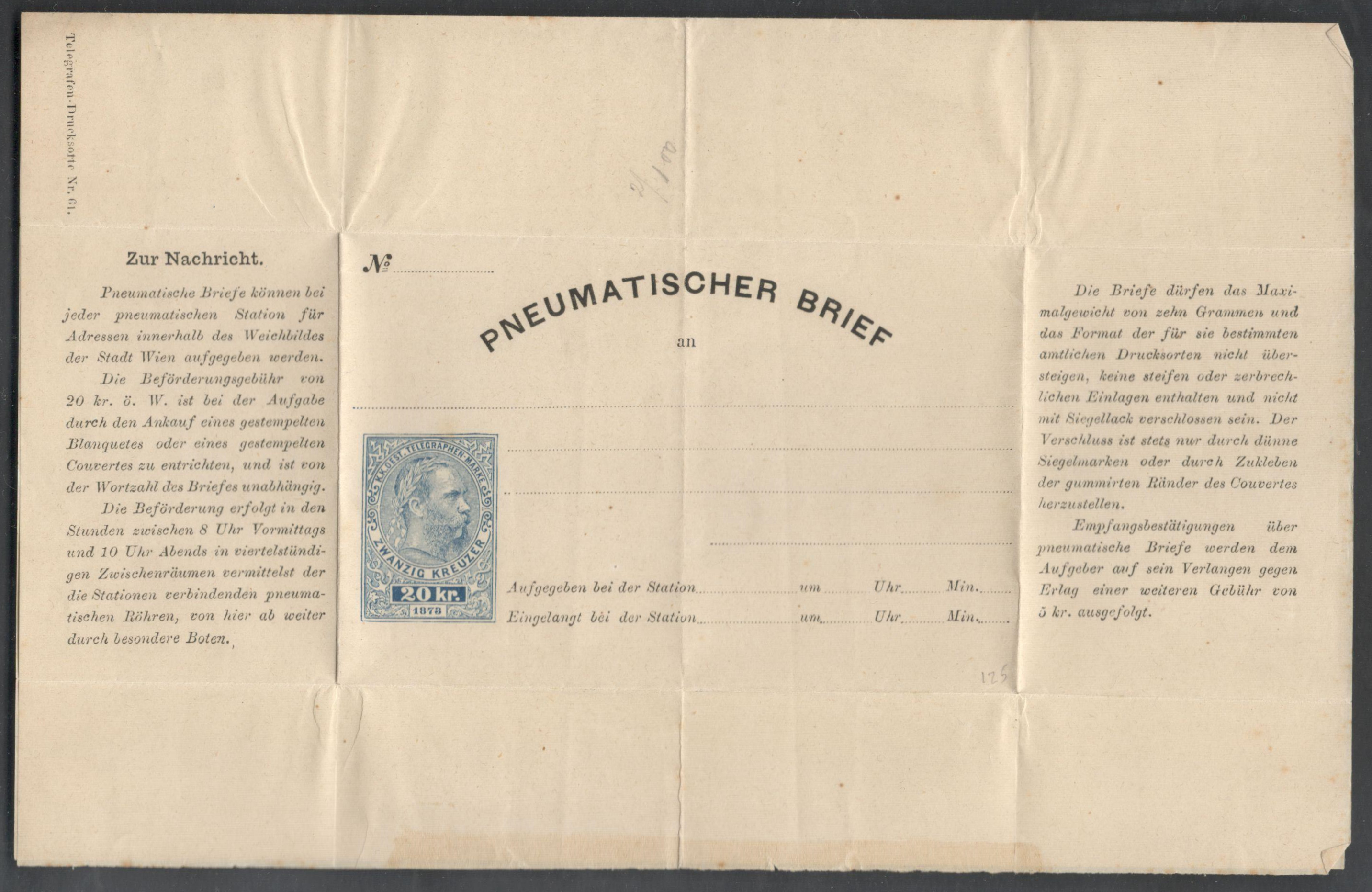 1873 AUSTRIAN TELEGRAPH ENVELOPE WITH IMPRINTED 20 KREUZER STAMP