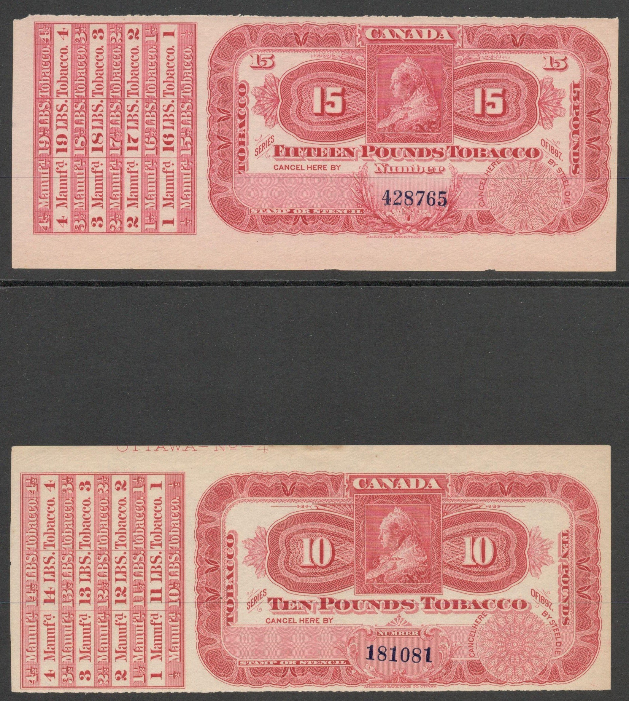 QV CANADA EXCISE STAMPS SERIES OF 1897 TEN & FIFTEEN POUNDS TOBACCO