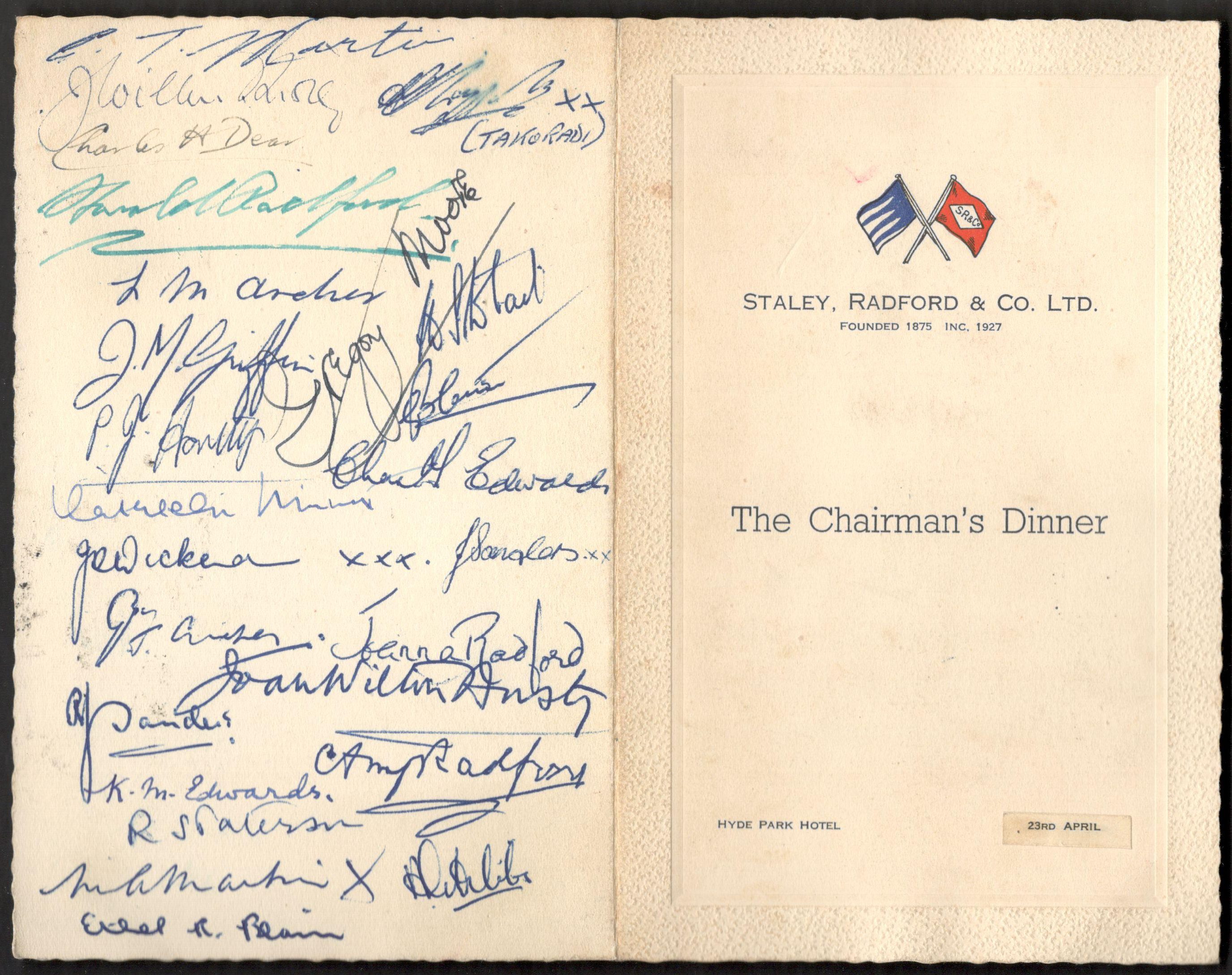 HYDE PARK HOTEL - STALEY, RADFORD & CO LTD SIGNED PROGRAMME & MENU