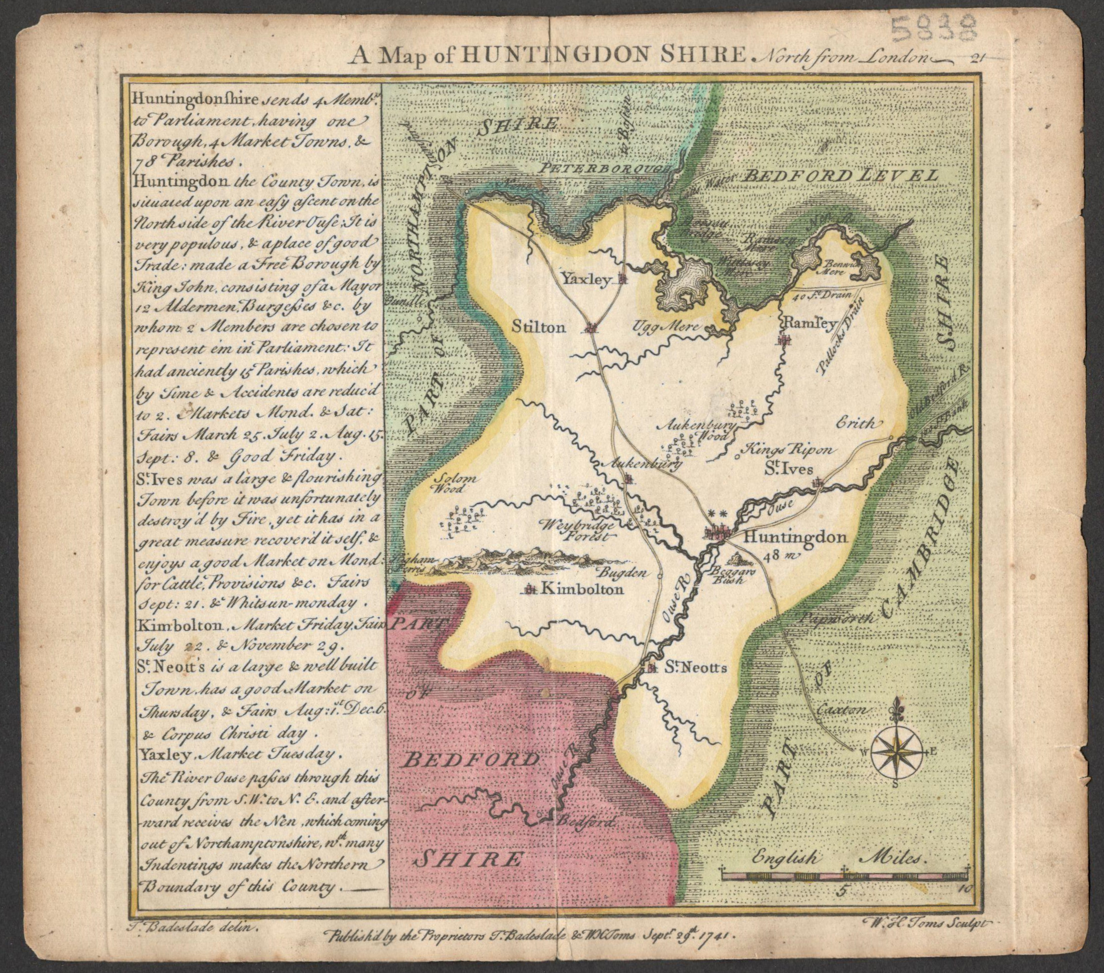 1741 BRITISH COUNTY MAP COLOURED PRINT OF HUNTINGDONSHIRE PUBLISHED BY BADESLADE ENGRAVER LONDON