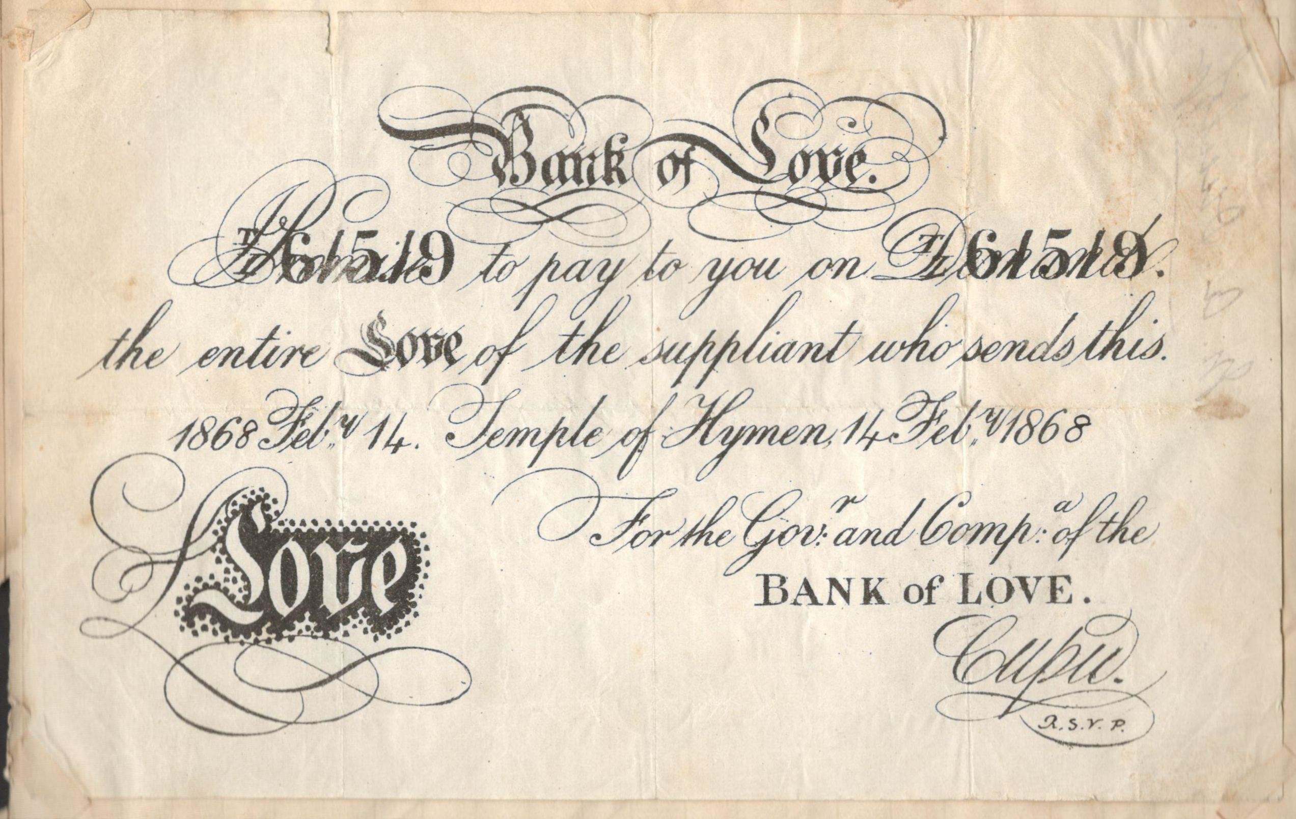 ADVERTISING - SKIT NOTE BANL OF LOVE VALENTINE LOVE NOTE 1868