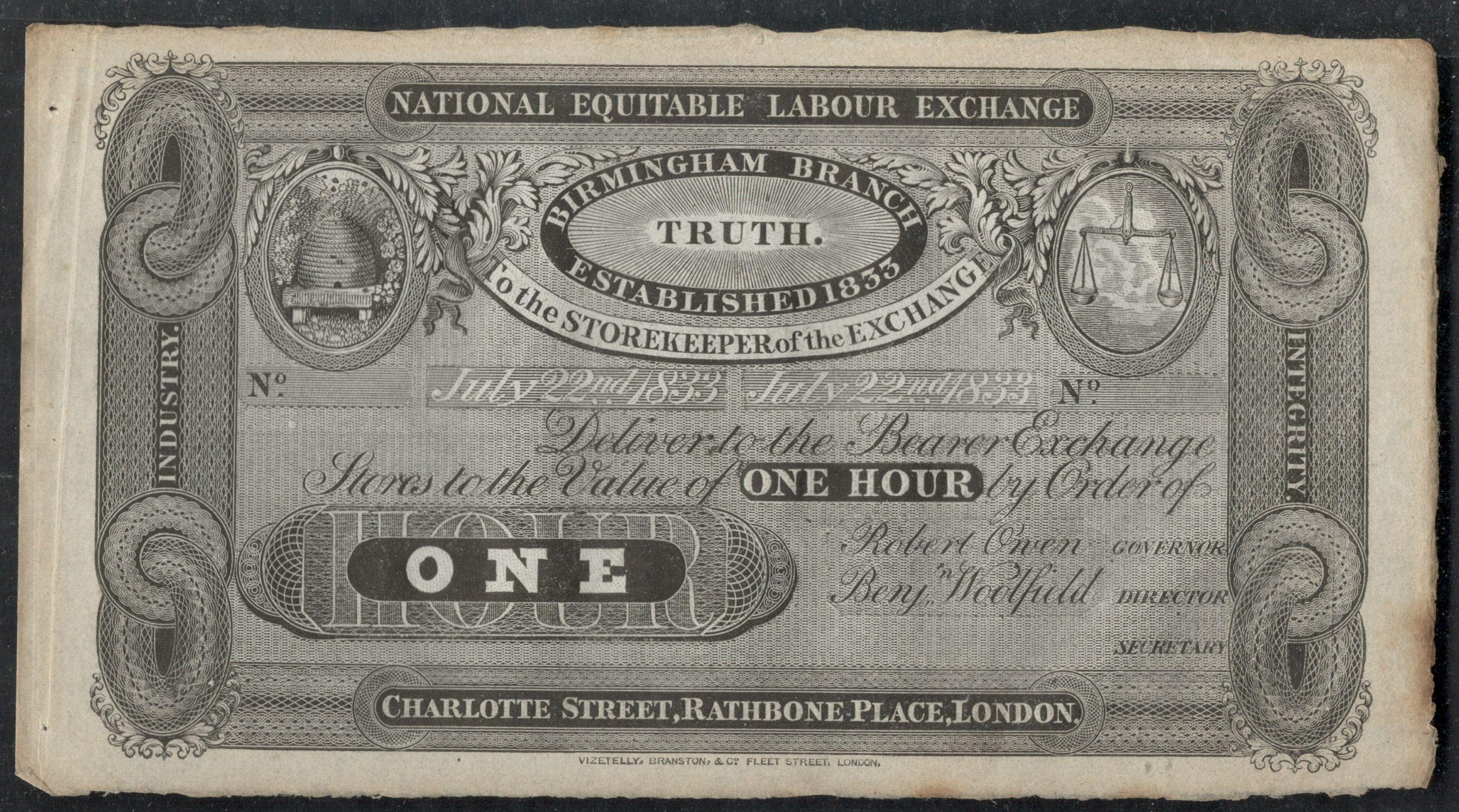 1833 ROBERT OWEN ONE HOUR NOTE - NATIONAL EQUITABLE LABOUR EXCHANGE