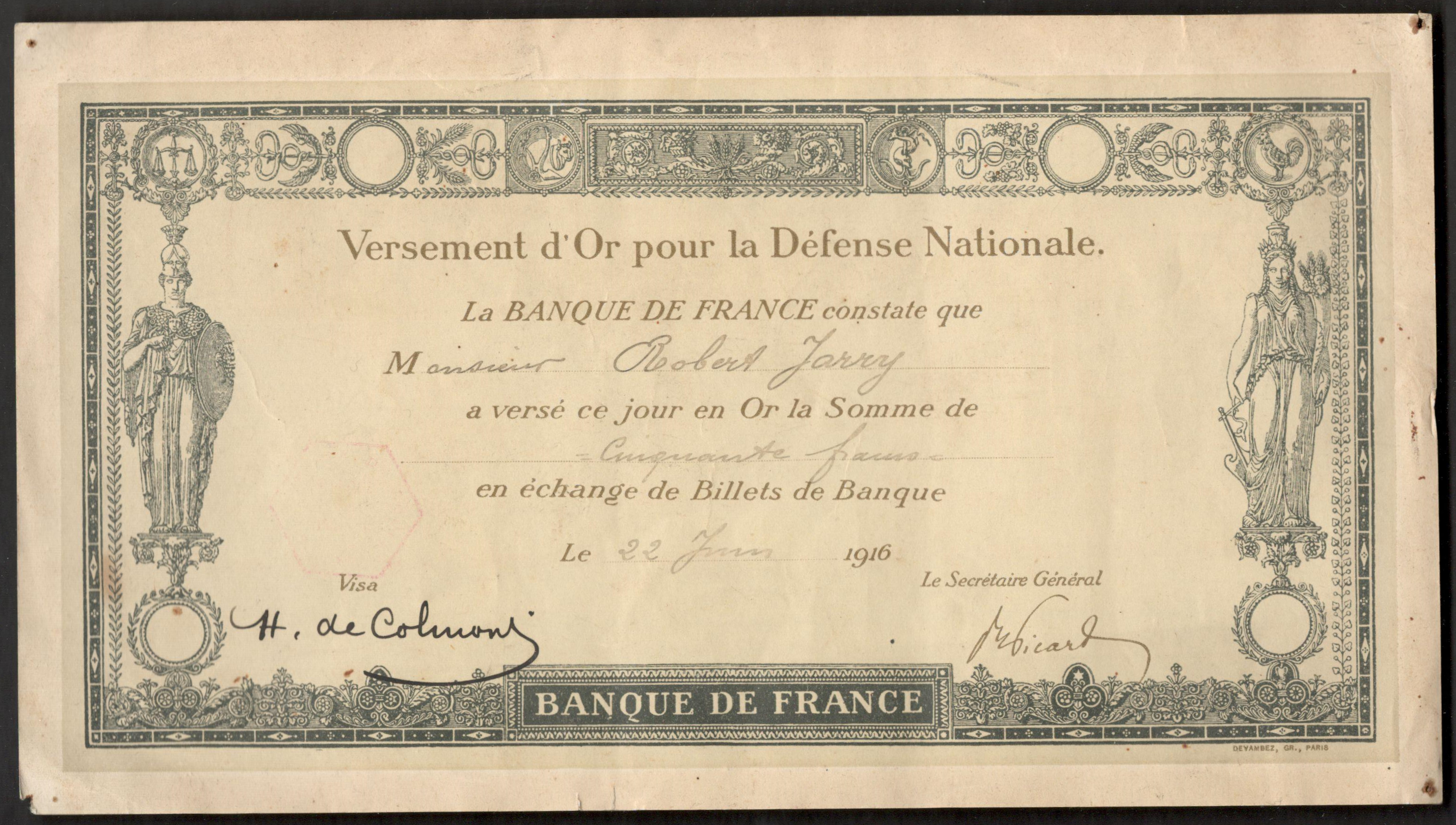 1916 BANQUE DE FRANCE VERSEMENT D'OR POUR LA DEFENSE NATIONALE