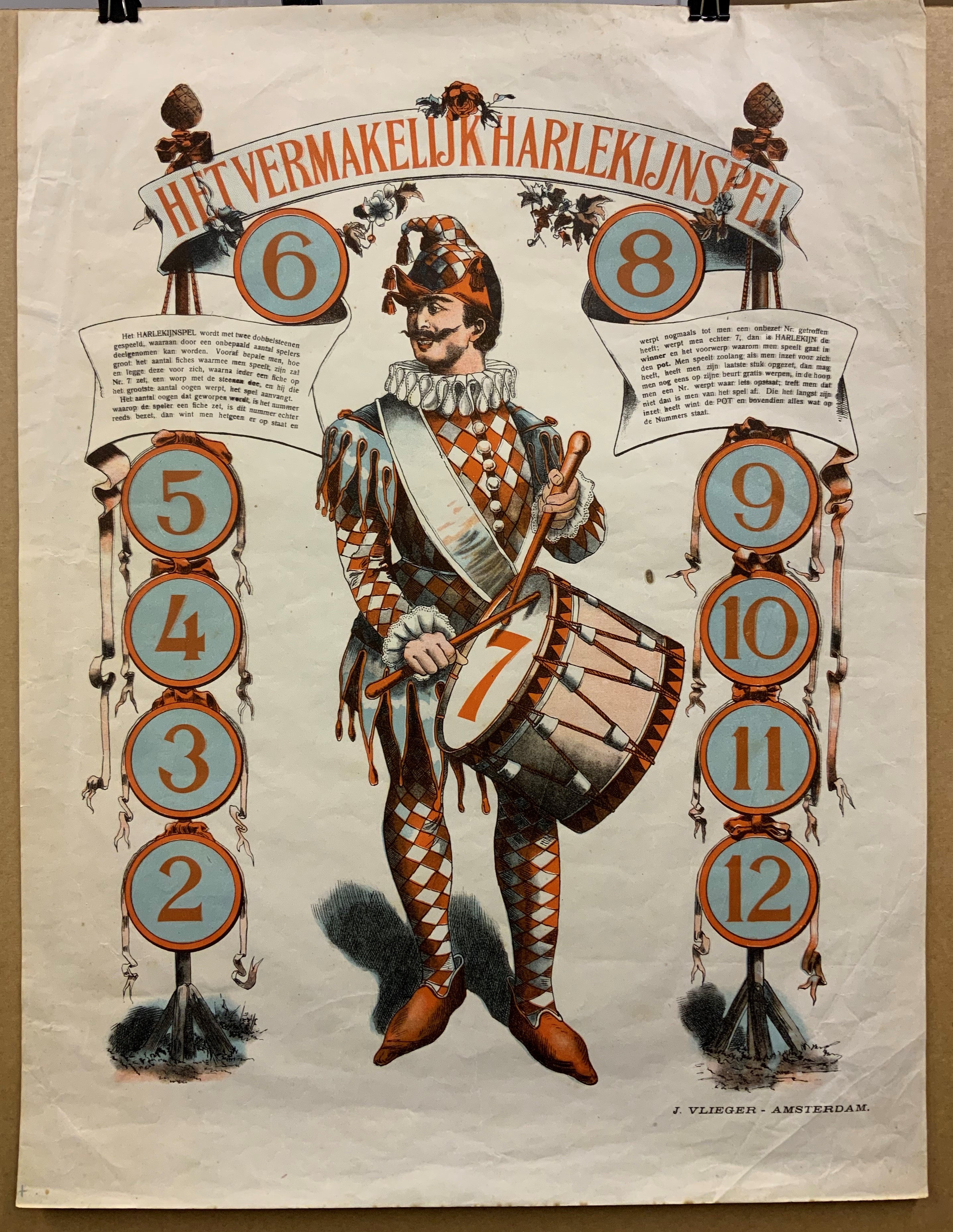 ANTIQUE DUTCH HARLEQUIN GAME PRINT c.1900-10