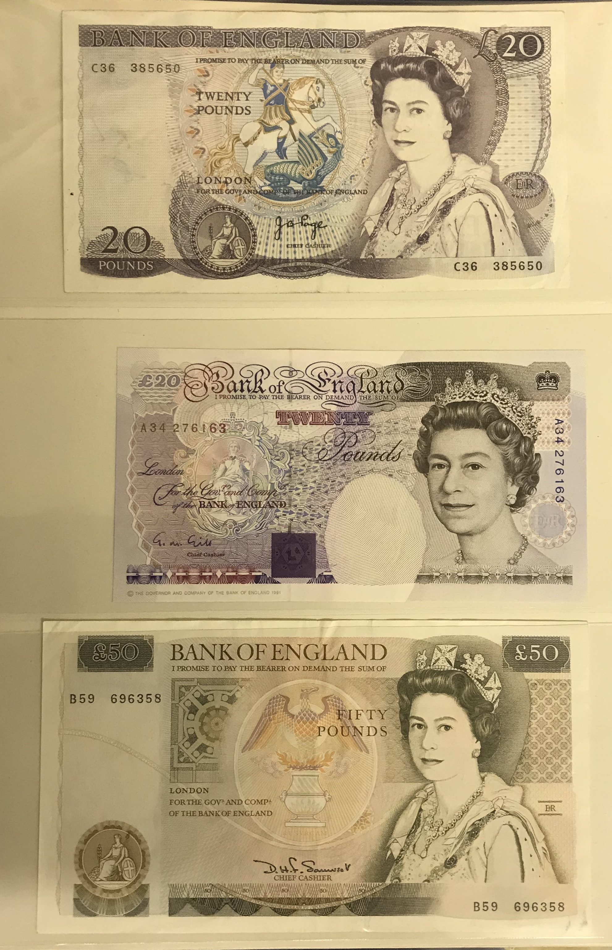 TWO EARLY TWENTY POUNDS BANKNOTES & FIFTY POUNDS BANKNOTE