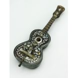 MINIATURE MUSIC BOX IN SHAPE OF GUITAR WITH INLAID MOTHER OF PEARL