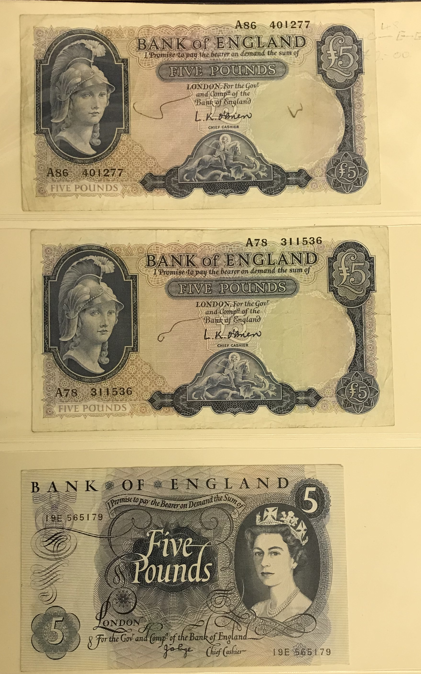 THREE EARLY FIVE POUND BANKNOTES