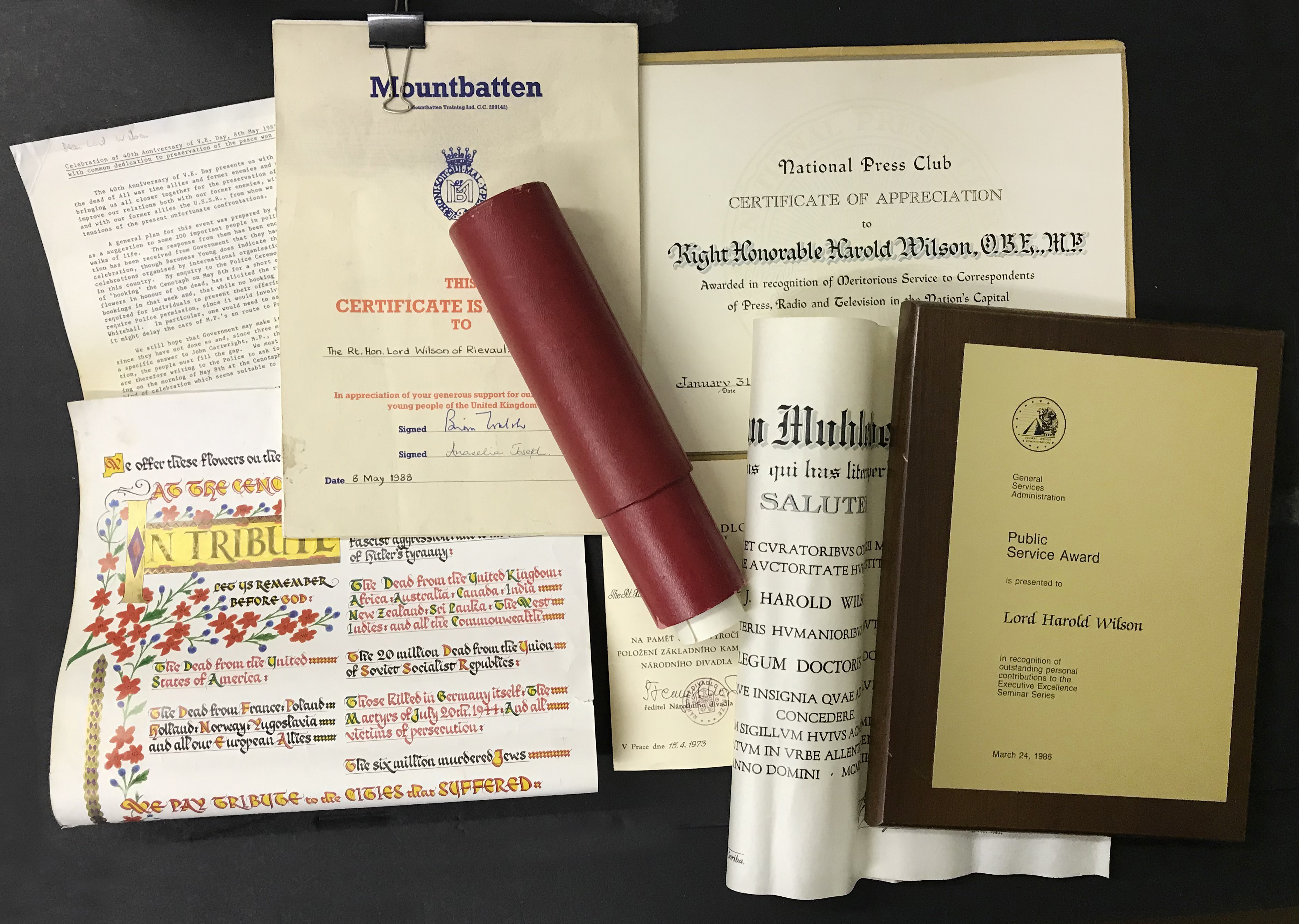 SELECTION OF LORD HAROLD WILSON EPHEMERA INCLUDING CERIFICATES AND AWARDS