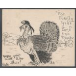 ANTIQUE SMALL POSTED POSTCARDS WITH HAND DRAWN SKETCH OF TURKEY