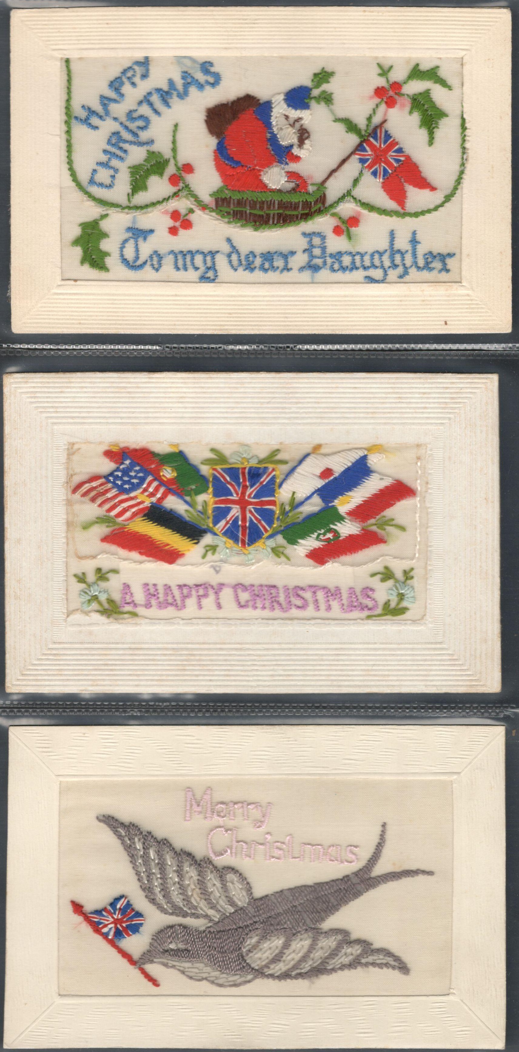FIVE EARLY EMBROIDERED SILK POSTCARDS IN VARIOUS CONDITION