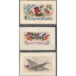 FIVE EARLY EMBROIDERED SILK POSTCARDS IN VARIOUS CONDITION
