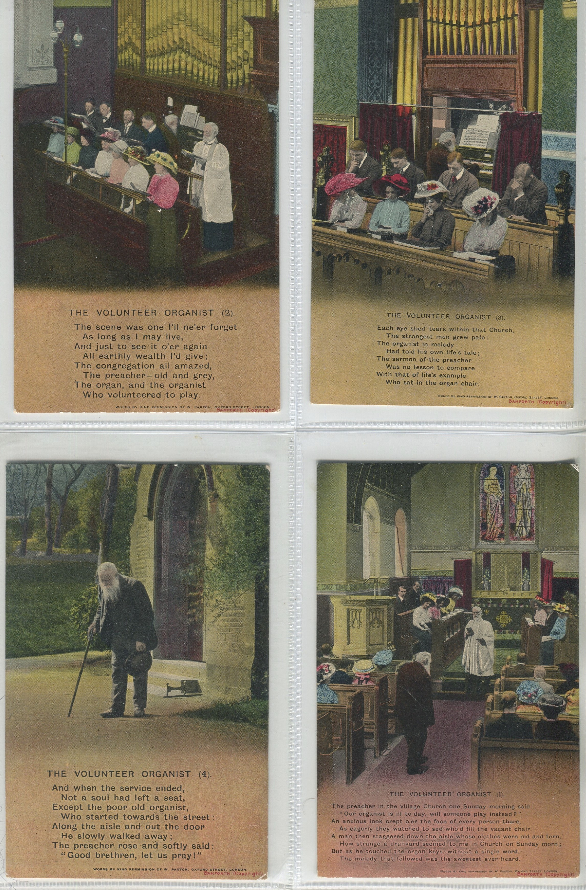 FOUR VINTAGE POSTCARDS THE VOLUNTEER ORGANIST