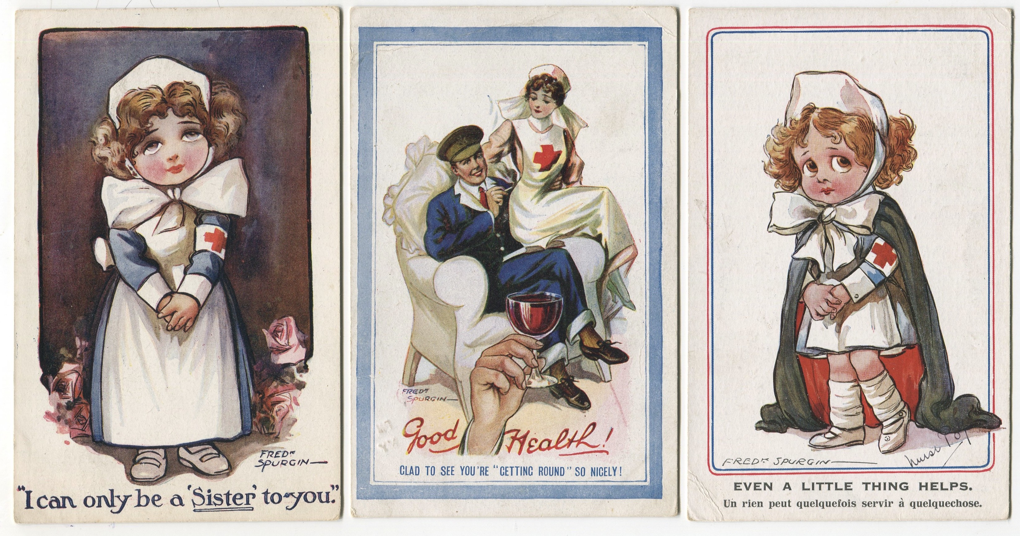 THREE VINTAGE RED CROSS COMIC POSTCARDS BY FRED SPURGIN