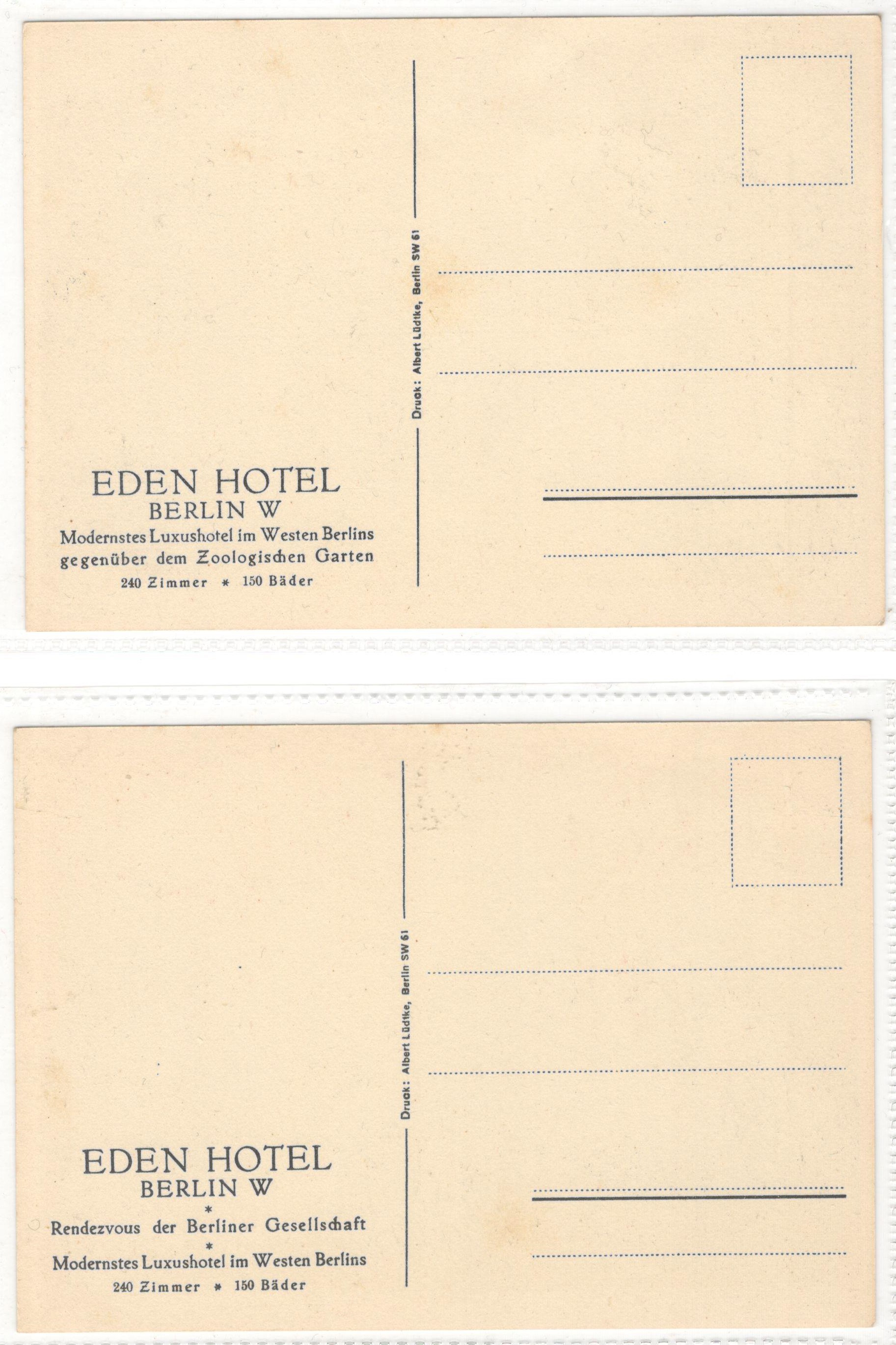 FIVE VINTAGE EDEN HOTEL WEST BERLIN POSTCARDS - Image 2 of 6