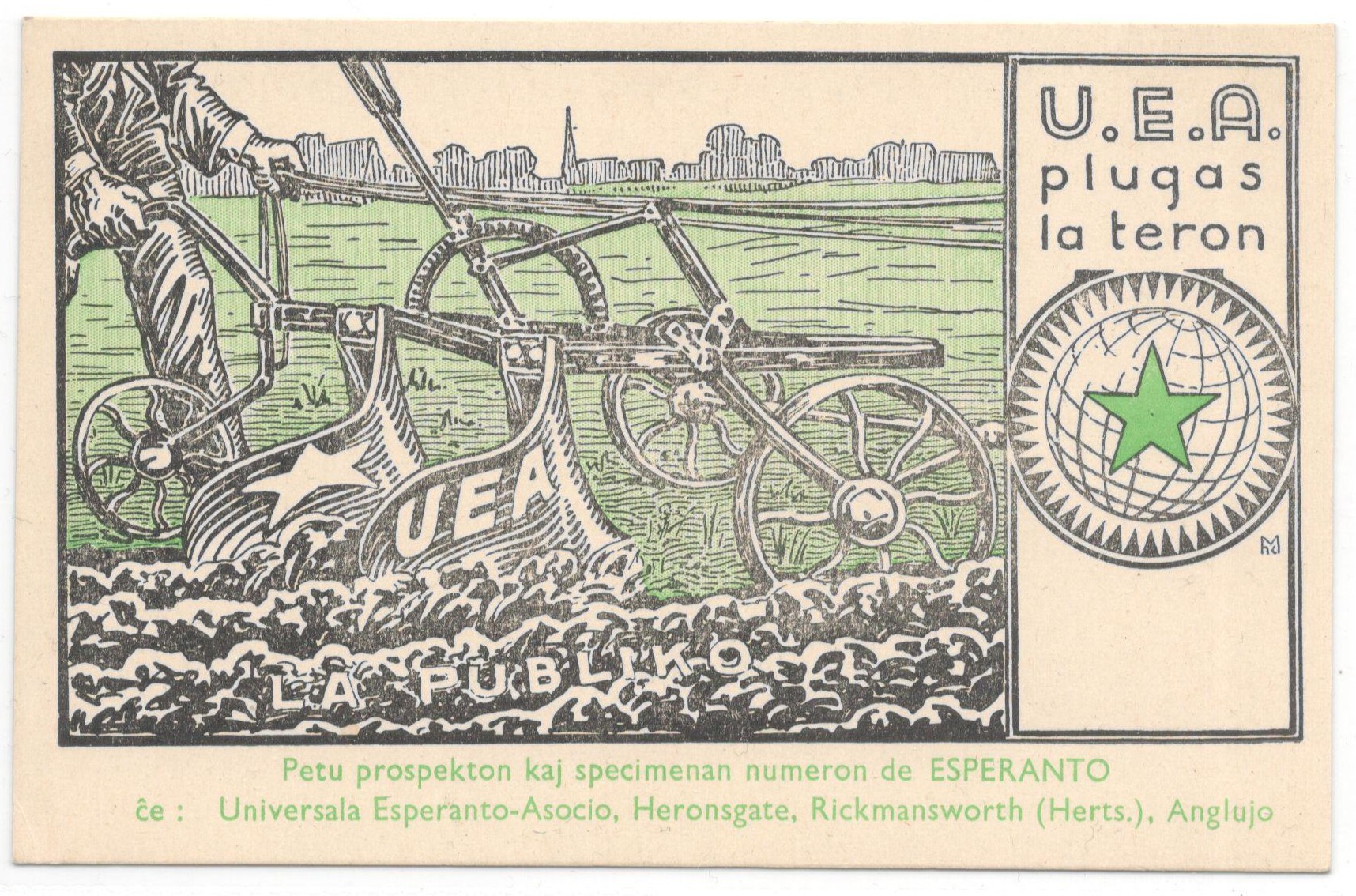 ESPERANTO ENGLISH POSTCARD - U.E.A. PLUGAS LA TERON