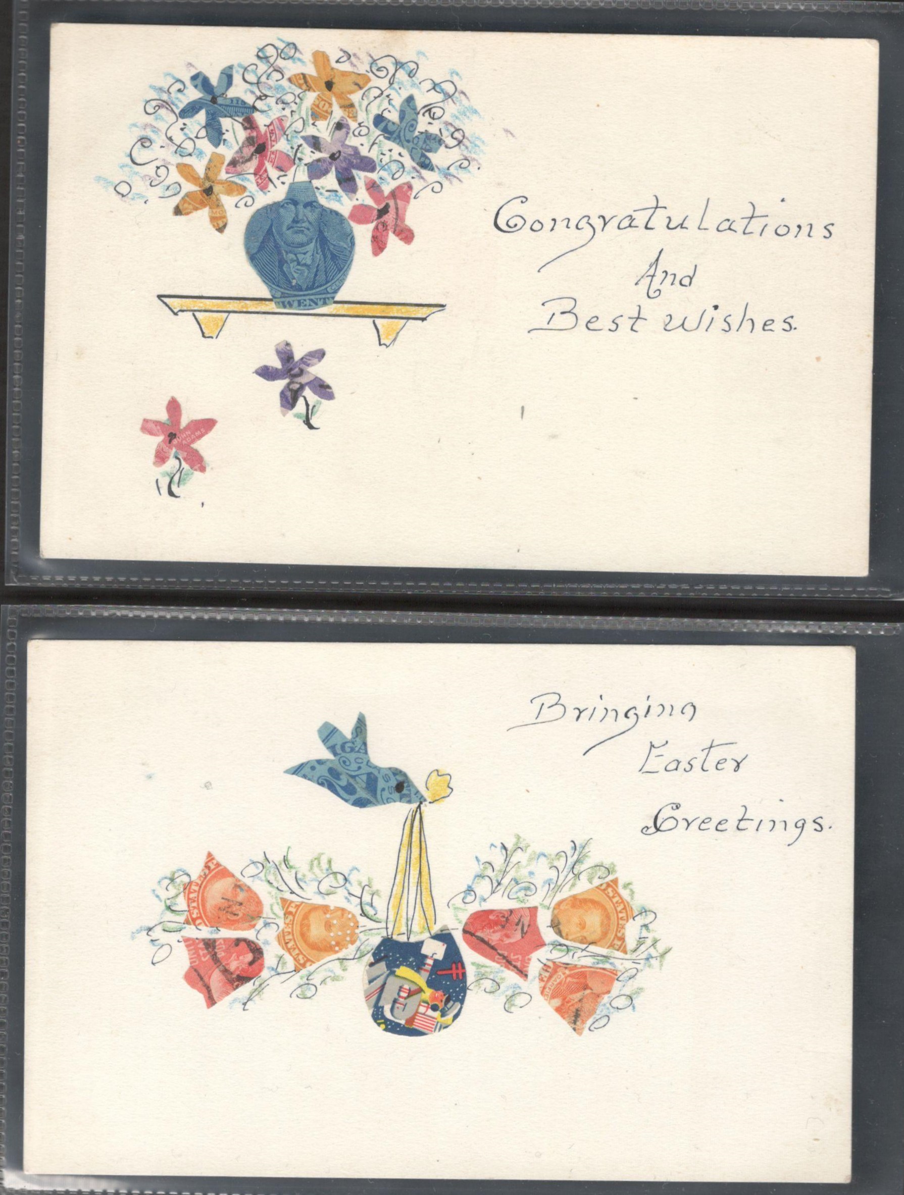 TWO STAMP MONTAGE POSTCARDS IN VARIOUS CONDITION