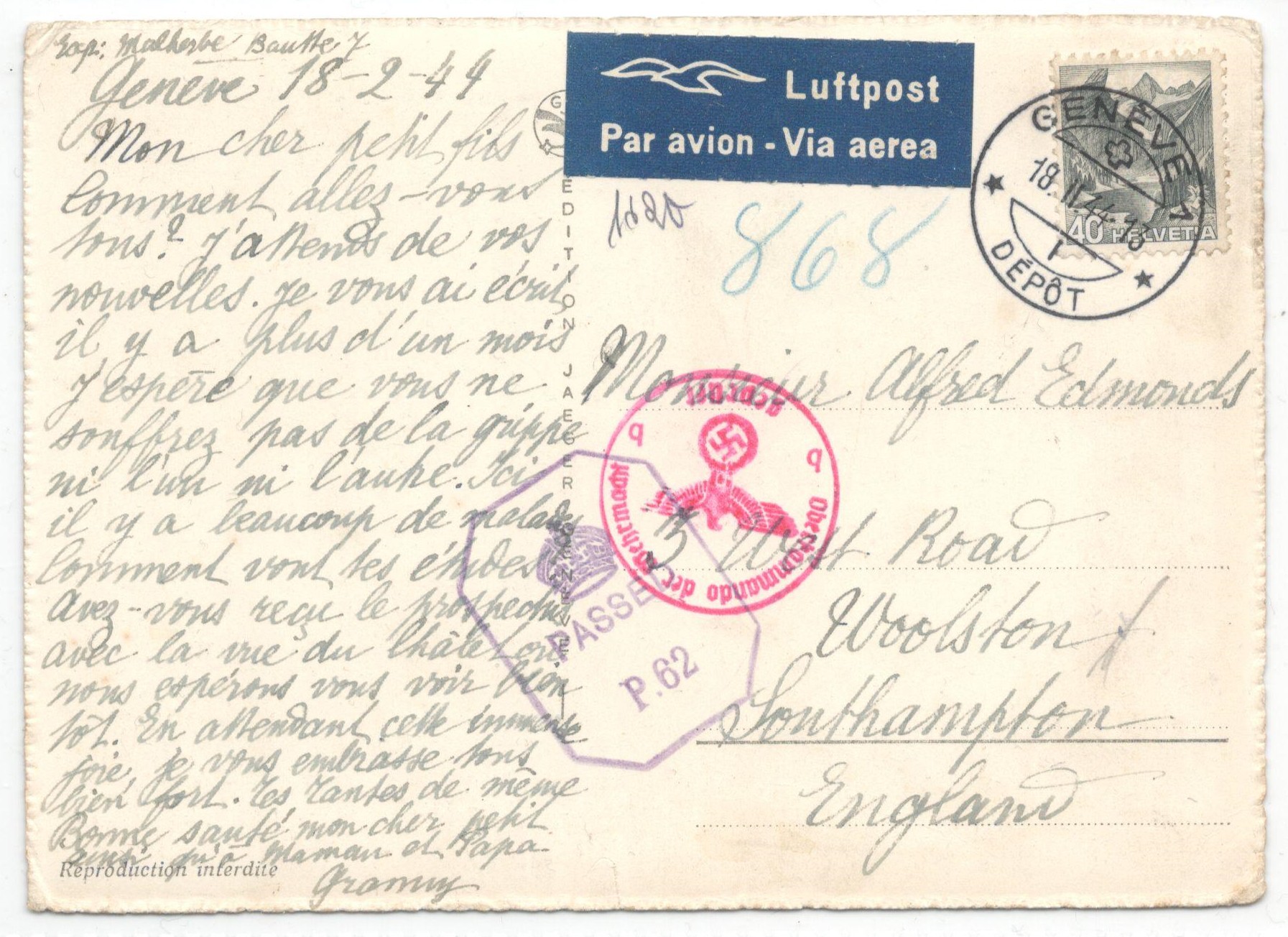 1944 COMITE INTERNATIONAL DE LA CROIX ROUGE GENEVE - POSTED 1944 PASSED BY CENSOR - Image 2 of 2