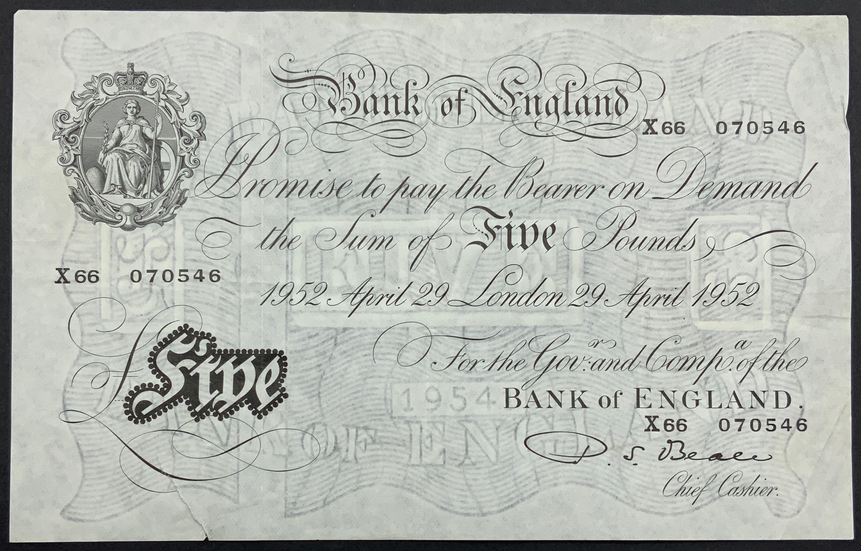 £5 1952 BANK NOTE & £5 FOR WISBECH & LINCOLNSHIRE 1894