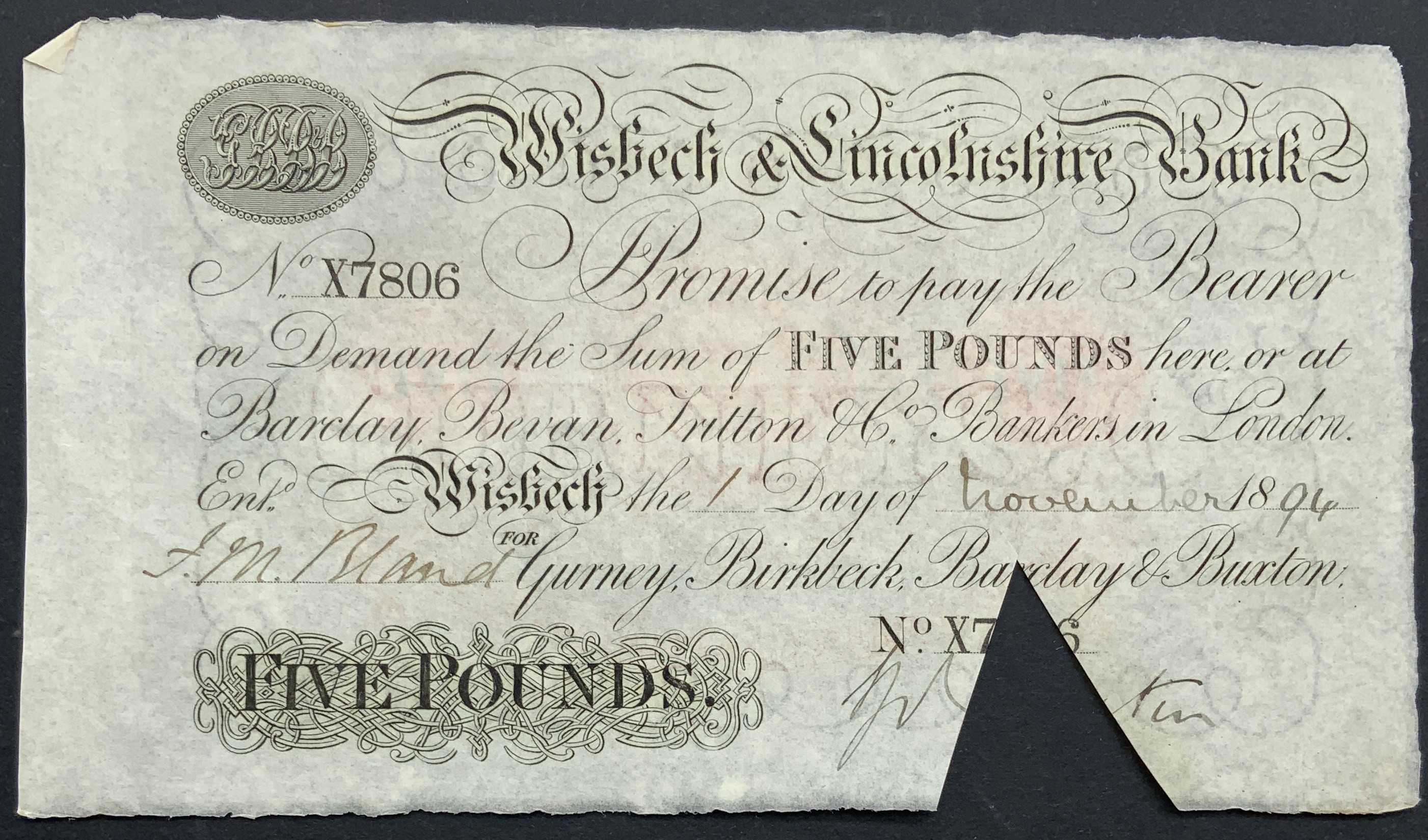 £5 1952 BANK NOTE & £5 FOR WISBECH & LINCOLNSHIRE 1894 - Image 2 of 3