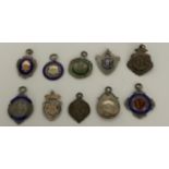 TEN VARIOUS HALLMARKED SILVER FOB WATCH MEDALS / PENDANTS