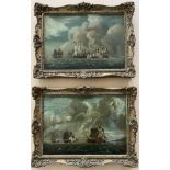 Pair of 18th Century oils on canvas. “Gunships at Battle”