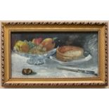 19th Century Italian School. Oil on panel. “Still Life of Fruit and Cake”. Signed.