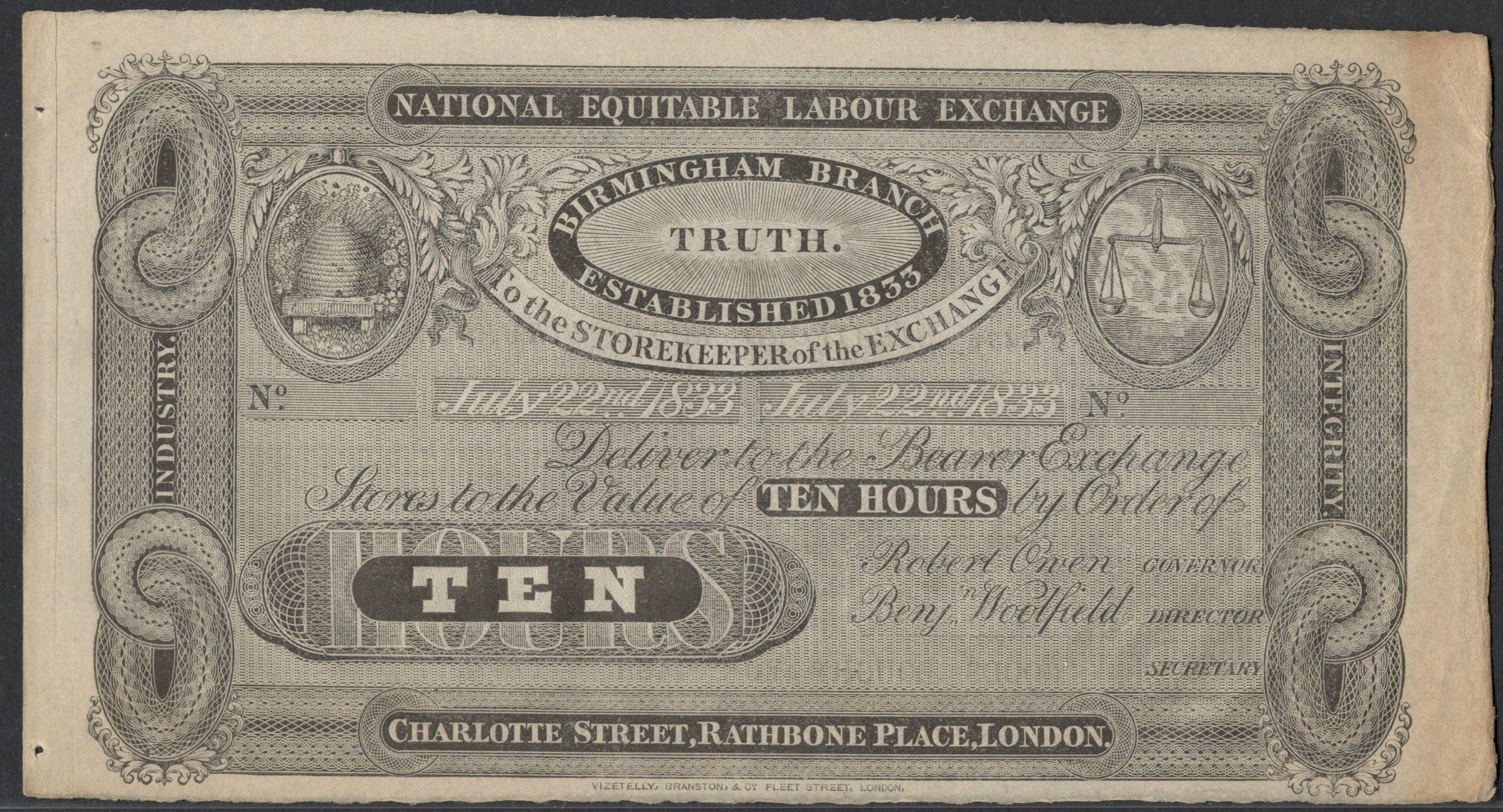 1833 ROBERT OWEN TEN HOURS NOTE - NATIONAL EQUITABLE LABOUR EXCHANGE IN ACCEPTABLE CONDITION