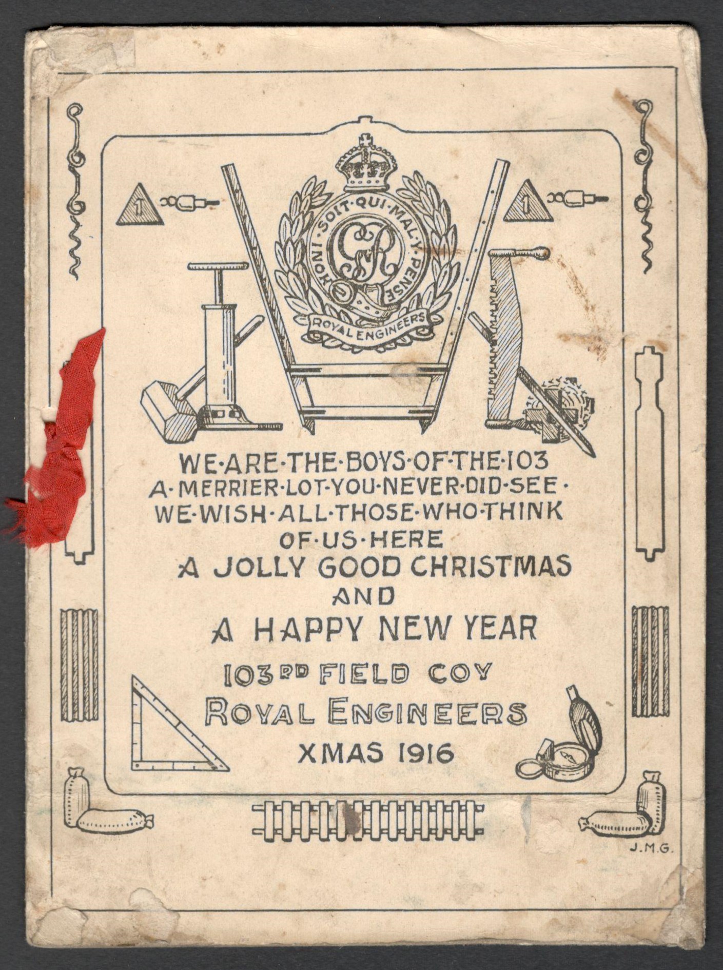 XMAS 1916 GREETING CARD FROM 103RD FIELD COMPANY ROYAL ENGINEERS WE ARE THE BOYS OF THE 103