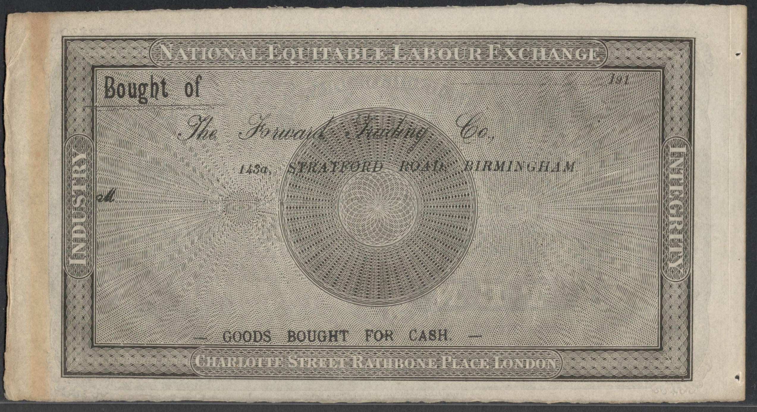 1833 ROBERT OWEN TEN HOURS NOTE - NATIONAL EQUITABLE LABOUR EXCHANGE IN ACCEPTABLE CONDITION - Image 2 of 2