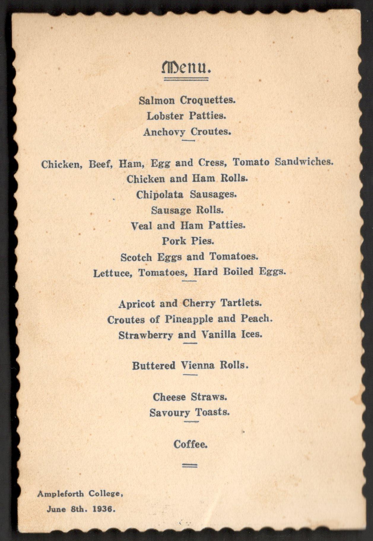 1936 AMPLEFORTH COLLEGE SIGNED MENU CARD