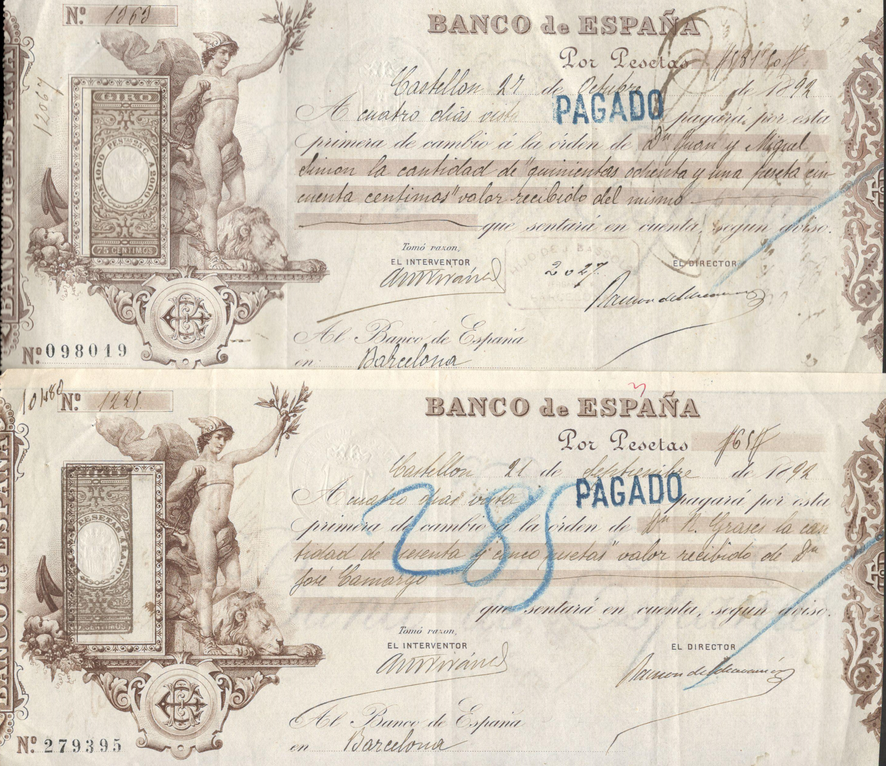 TWO EARLY SPANISH CHEQUES 1892 BANCO DE ESPANA STAMPED AND USED