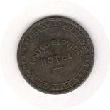 1874 ADVERTISING TOKEN FOR UNITED SERVICE HOTEL AUCKLAND NEW ZEALAND CORNER OF QUEEN & WELLESLEY ST