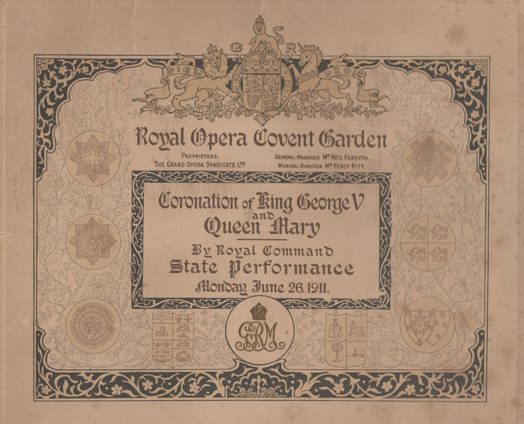 1911 ROYAL OPERA COVENT GARDEN CORONATION OF KING GEORGE V AND QUEEN MARY BY ROYAL COMMAND TICKET