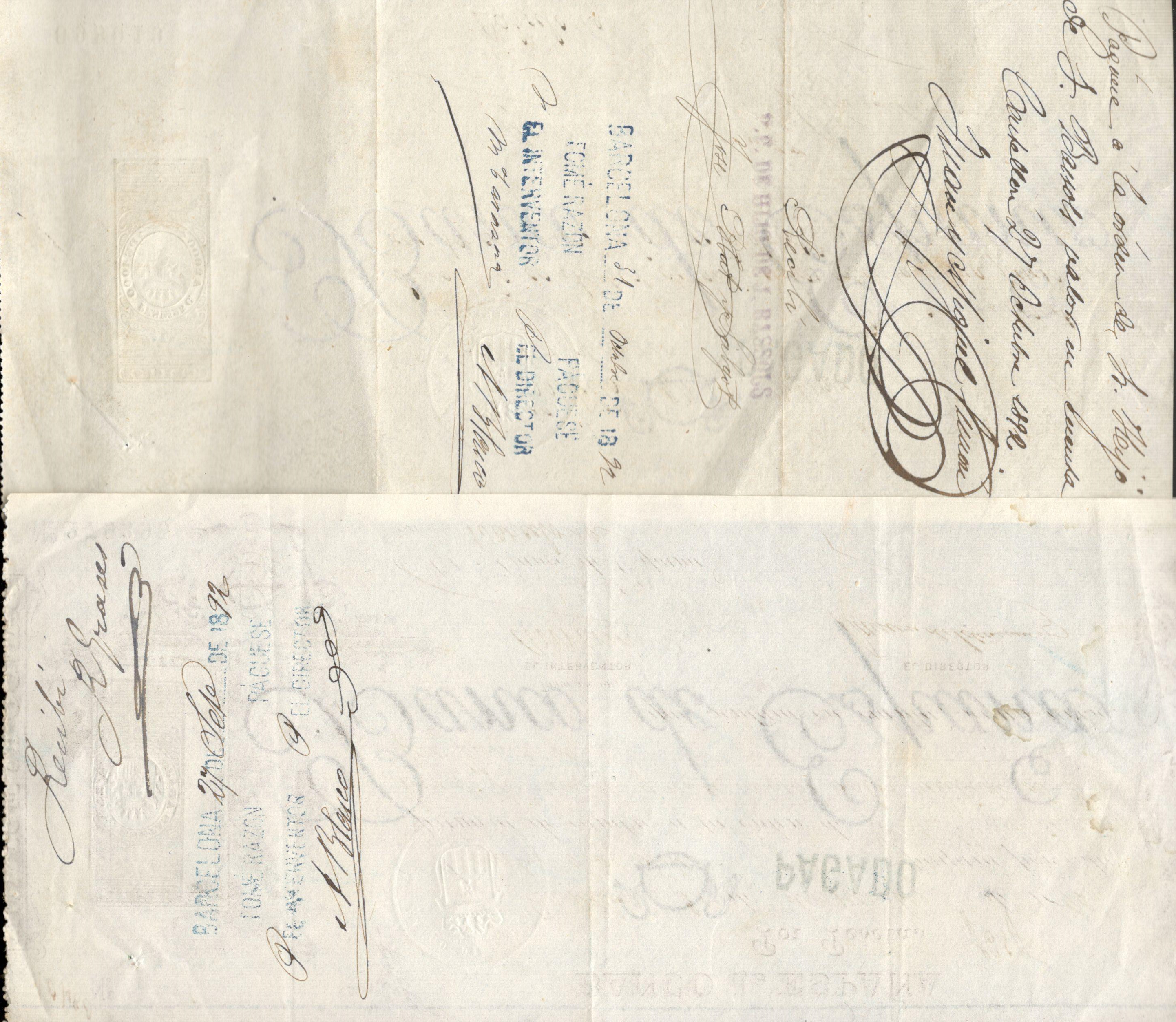 TWO EARLY SPANISH CHEQUES 1892 BANCO DE ESPANA STAMPED AND USED - Image 2 of 2