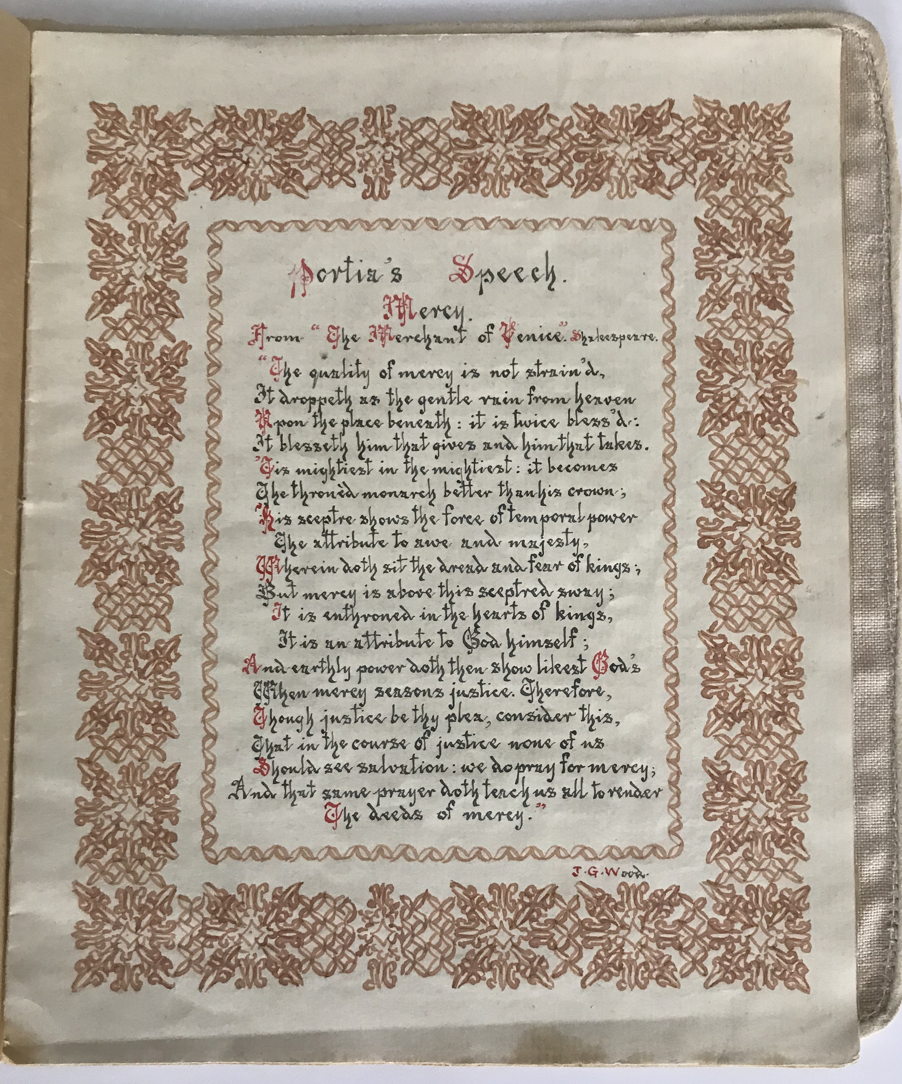 UNUSUAL HANDWRITTEN PORTIR’S SPEECH WITH CLOTH COVERS BY J.G. WOOD