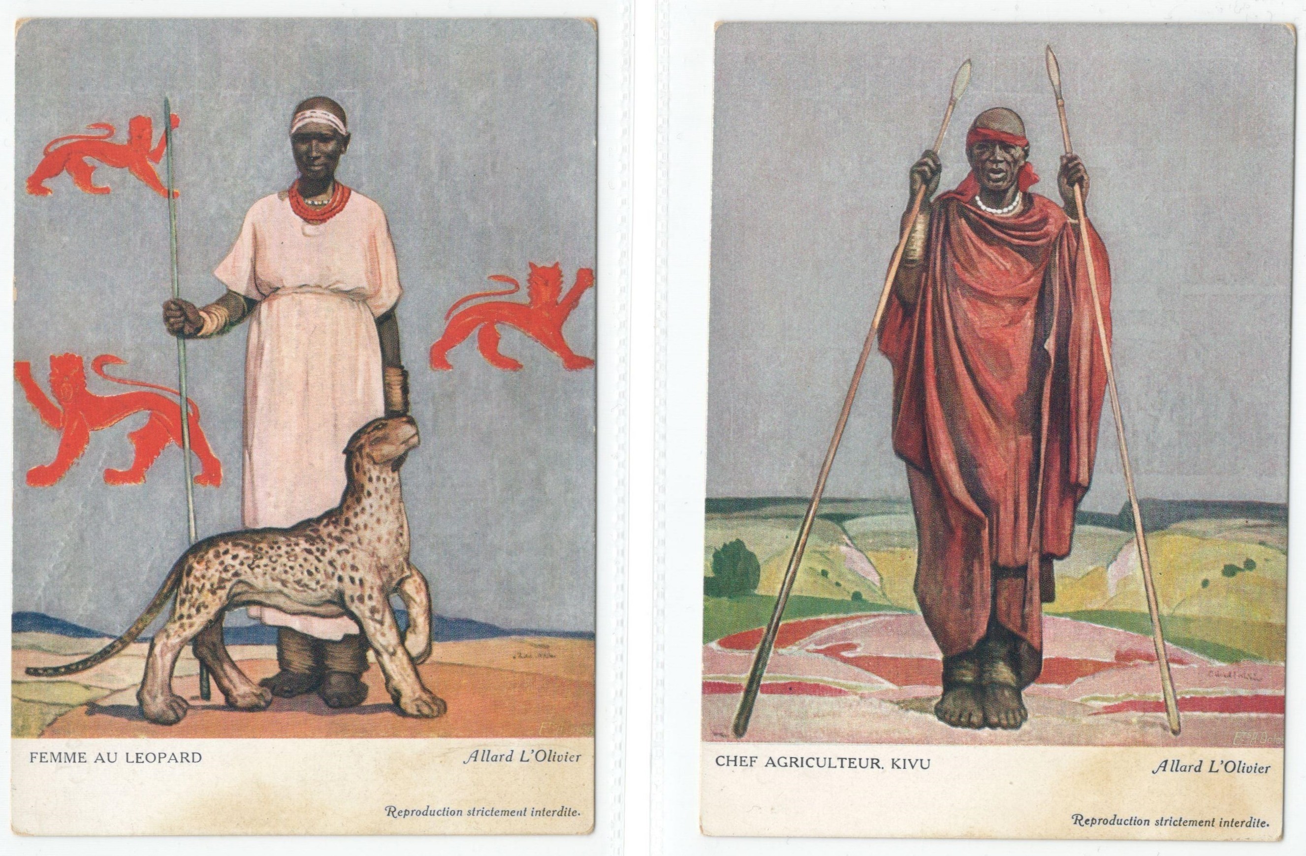 VINTAGE POSTCARDS BY ALLARD L'OLIVIER FEMME AU LEOPARD & CHEF AGRICULTEUR - KIVU ARTIST SIGNED