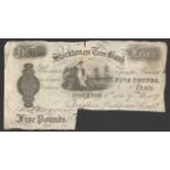 1887 STOCKTON ON TEES BANK FIVE POUND BANKNOTE SN: AC 1469 REPAIRED