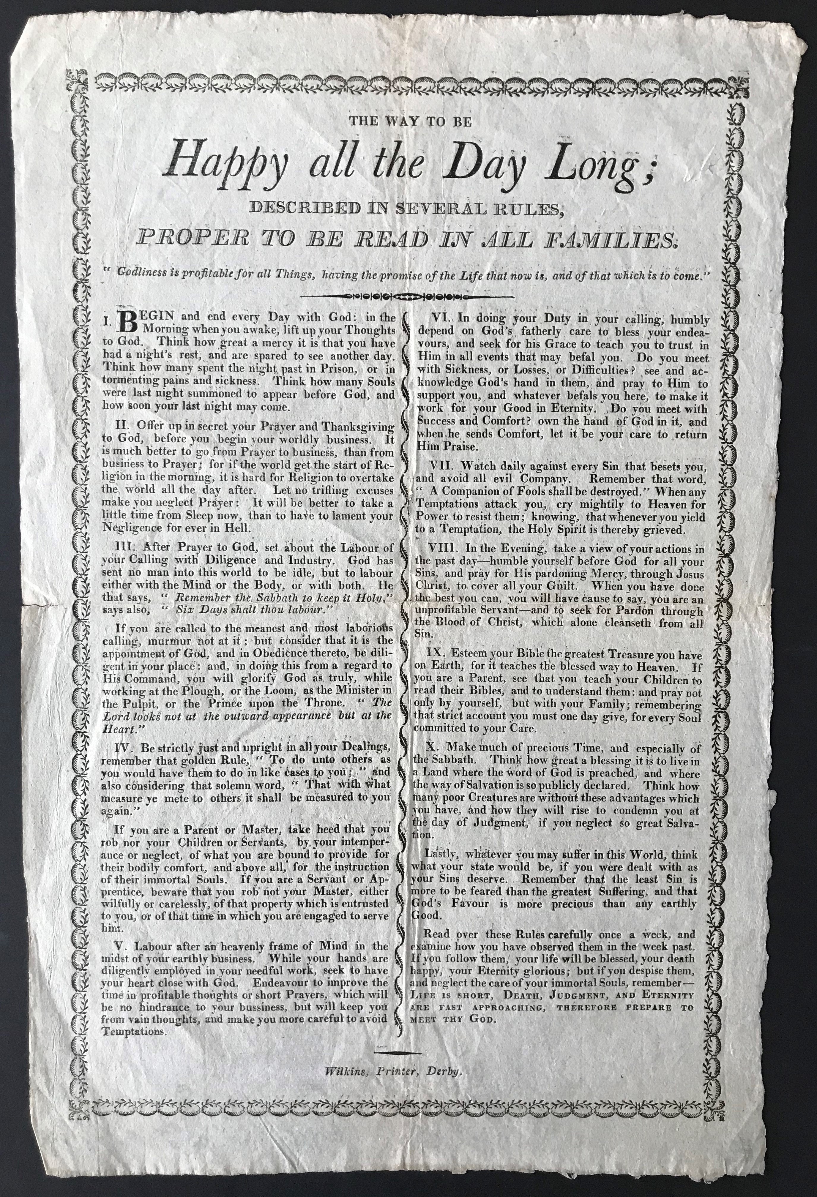 ANTIQUE PRINT PAGE TEXT THE WAY TO BE HAPPY ALL THE DAY LONG DESCRIBED IN SEVERAL RULES