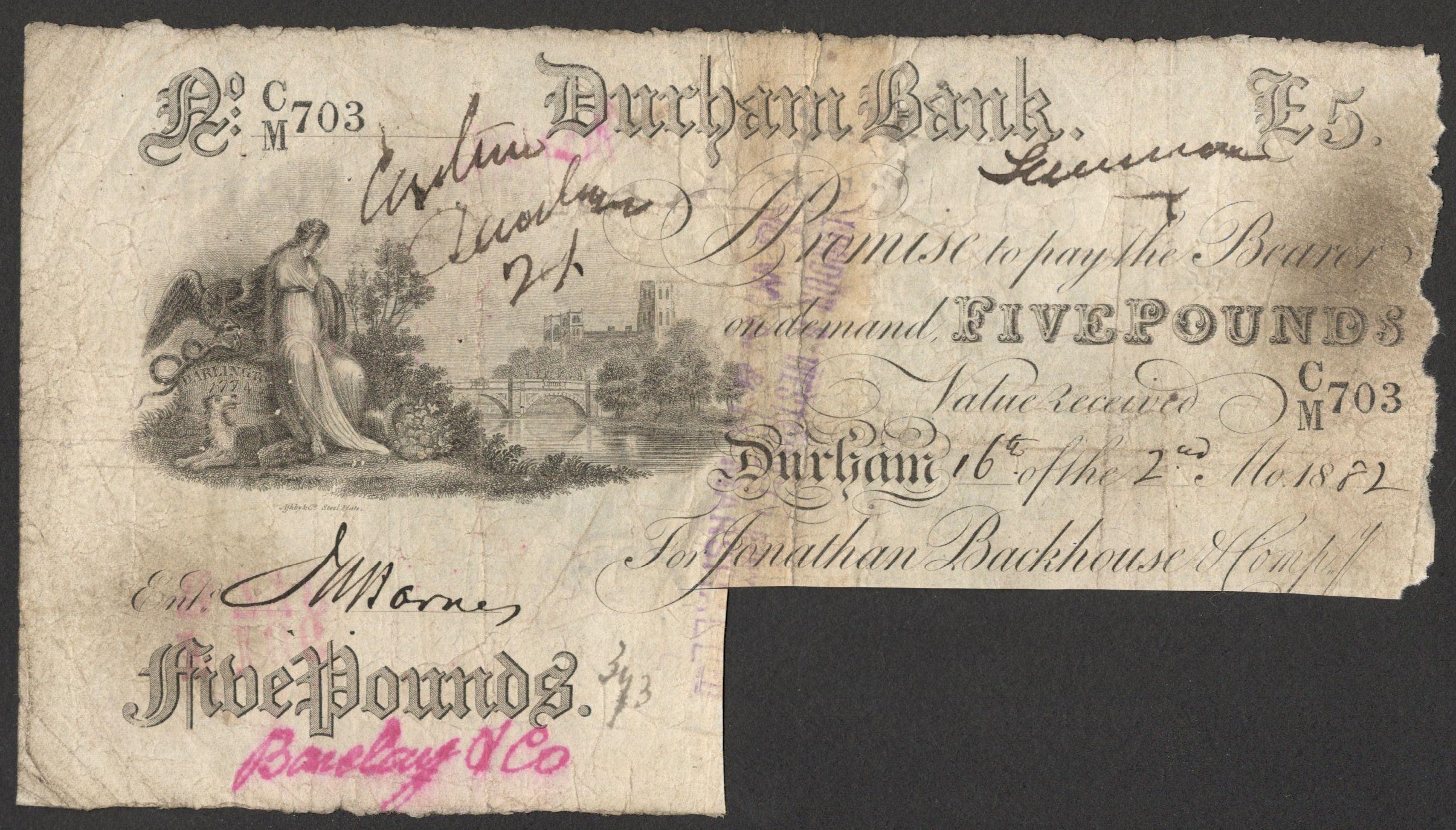 DURHAM BANK 1882 FIVE POUNDS BANKNOTE SN. CM703 REPAIRED