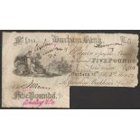 DURHAM BANK 1882 FIVE POUNDS BANKNOTE SN. CM703 REPAIRED