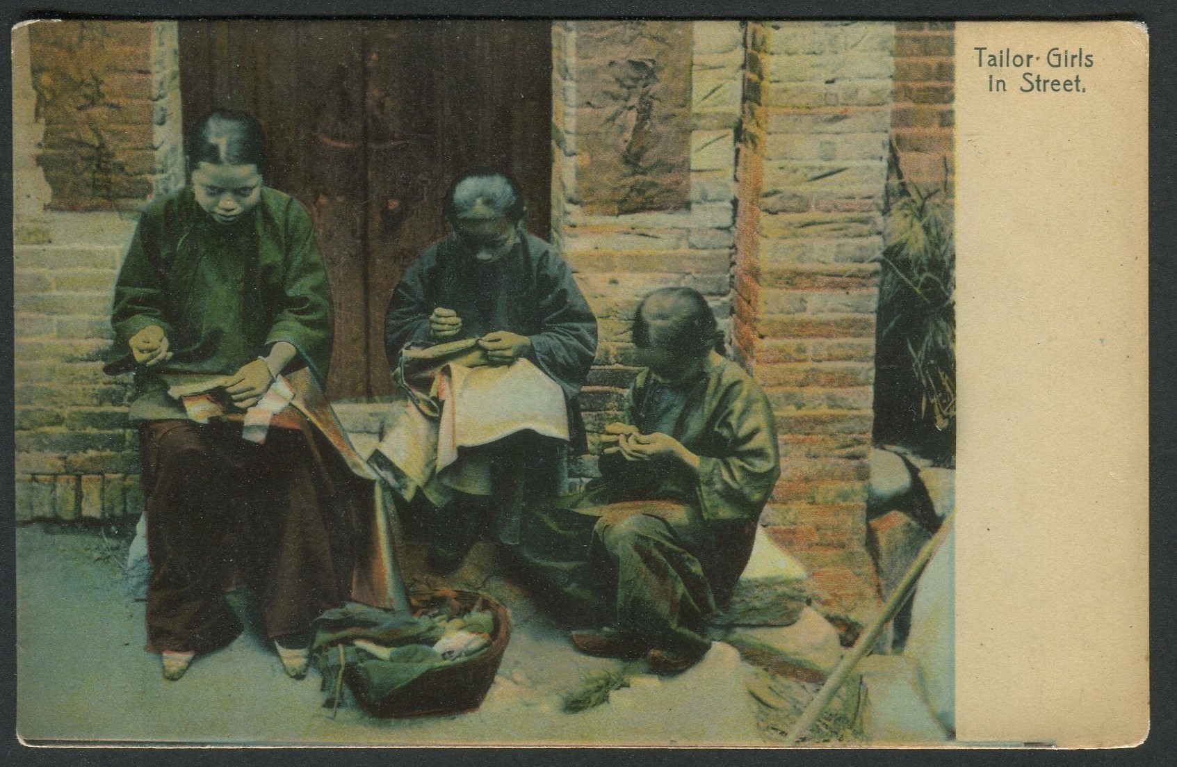 ANTIQUE CHINESE POSTCARD - TAILOR GIRLS IN STREET