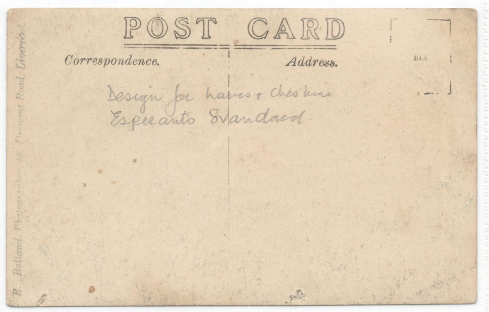 REAL PHOTO 1913 DESIGN FOR ESPERANTO STANDARD - LIVERPOOL POSTCARD - Image 2 of 2