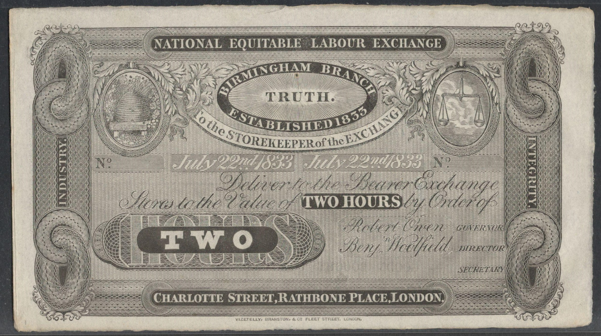 1833 ROBERT OWEN TWO HOURS NOTE - NATIONAL EQUITABLE LABOUR EXCHANGE IN ACCEPTABLE CONDITION