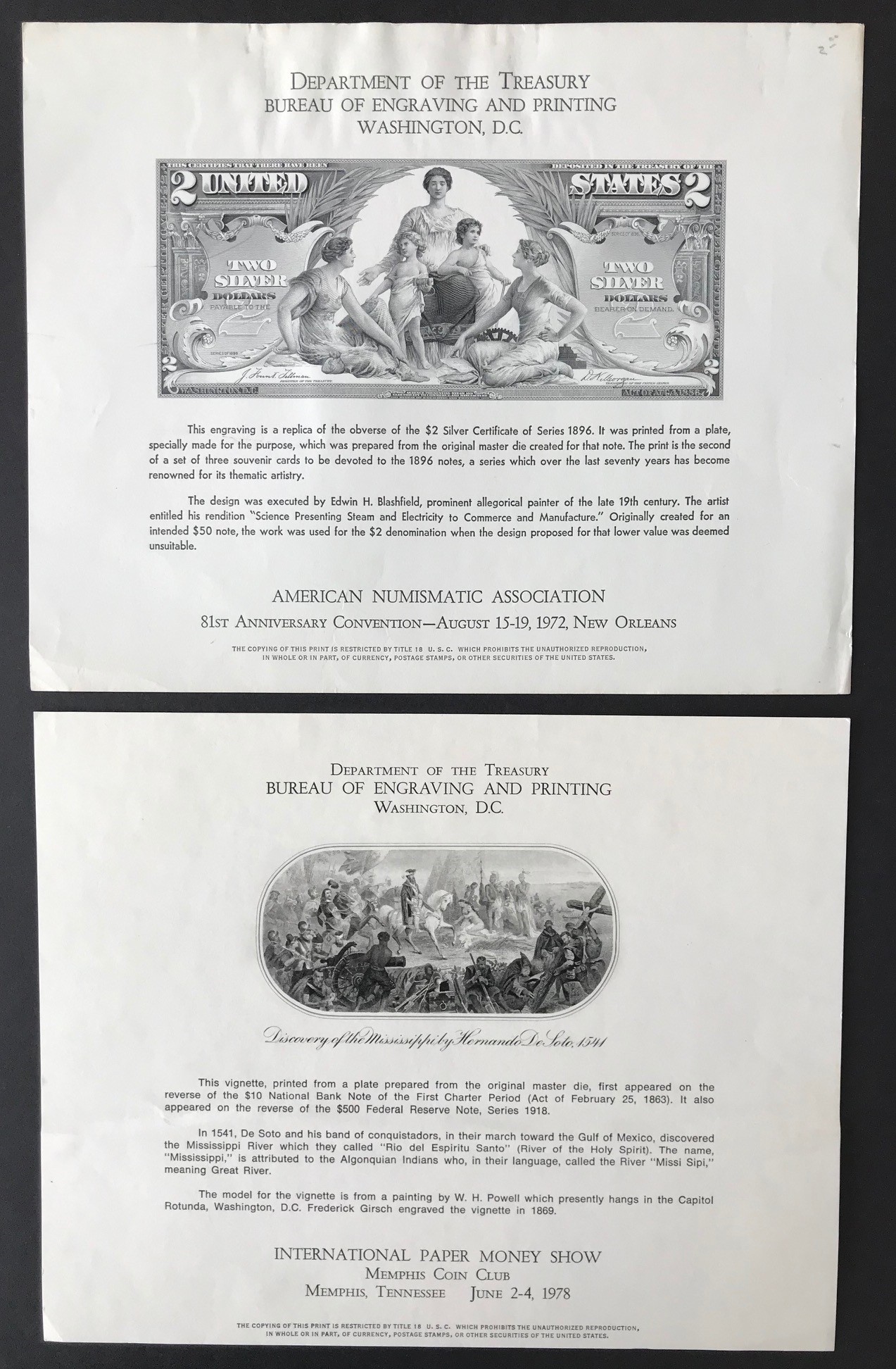 SIX SOUVENIR CARDS FOR VARIOUS NUMISMATIC RELATED EXHIBITIONS AMERICAN NUMISMATIC ASSOCIATION