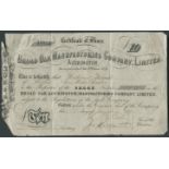 1876 CERTIFICATE OF SHARE FOR TEN POUNDS FOR BROAD OAK ACCRINGTON MANUFACTURING COMPANY LIMITED