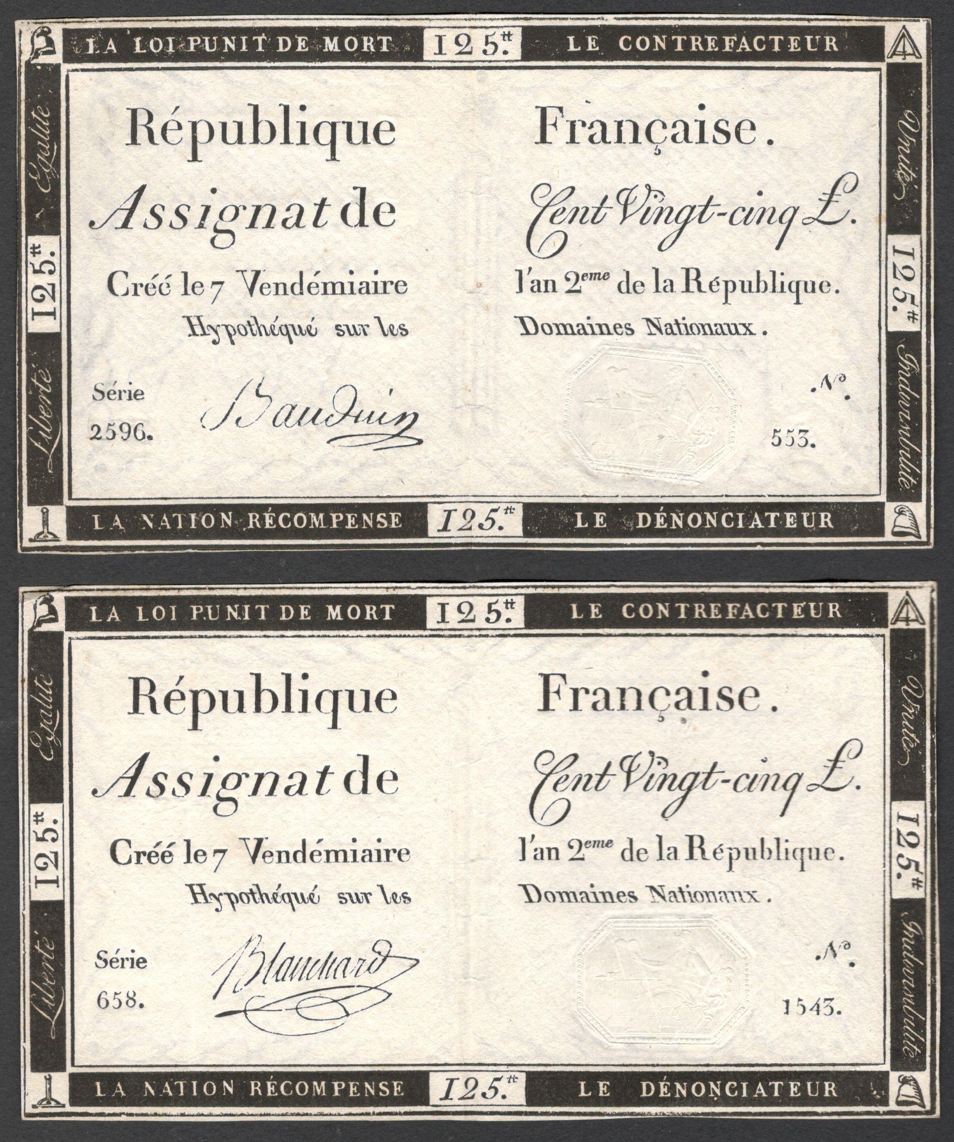 PAIR OF FRENCH ANTIQUE REPUBLIQUE ASSIGNAT DE FRANCAIS CENT VINGT-CINQ SERIE 2596, 658