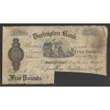 1889 DARLINGTON BANK FIVE POUND BANKNOTE SN: GL 771
