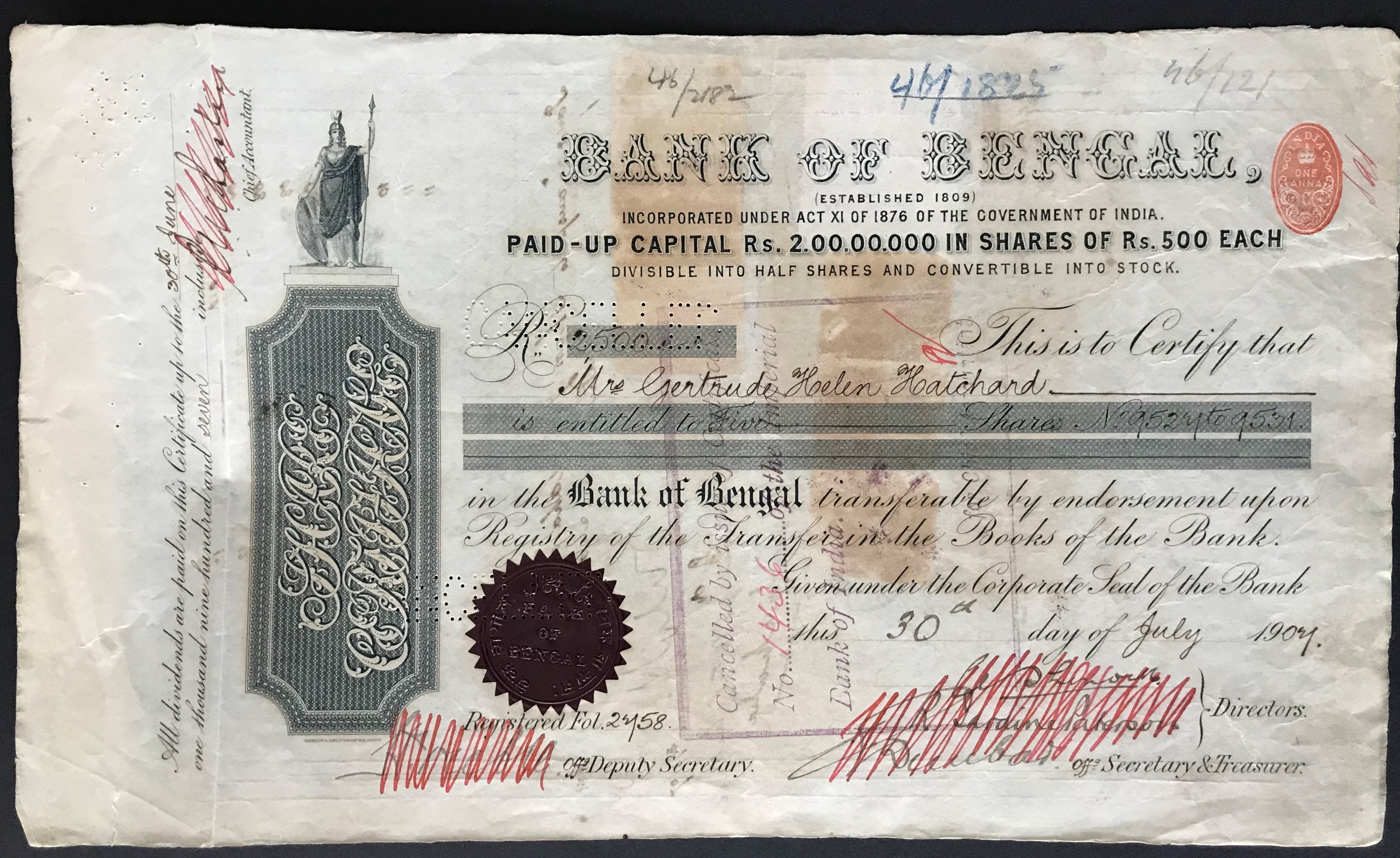 USED BANK OF BENGAL SHARE CERTIFICATE 1904